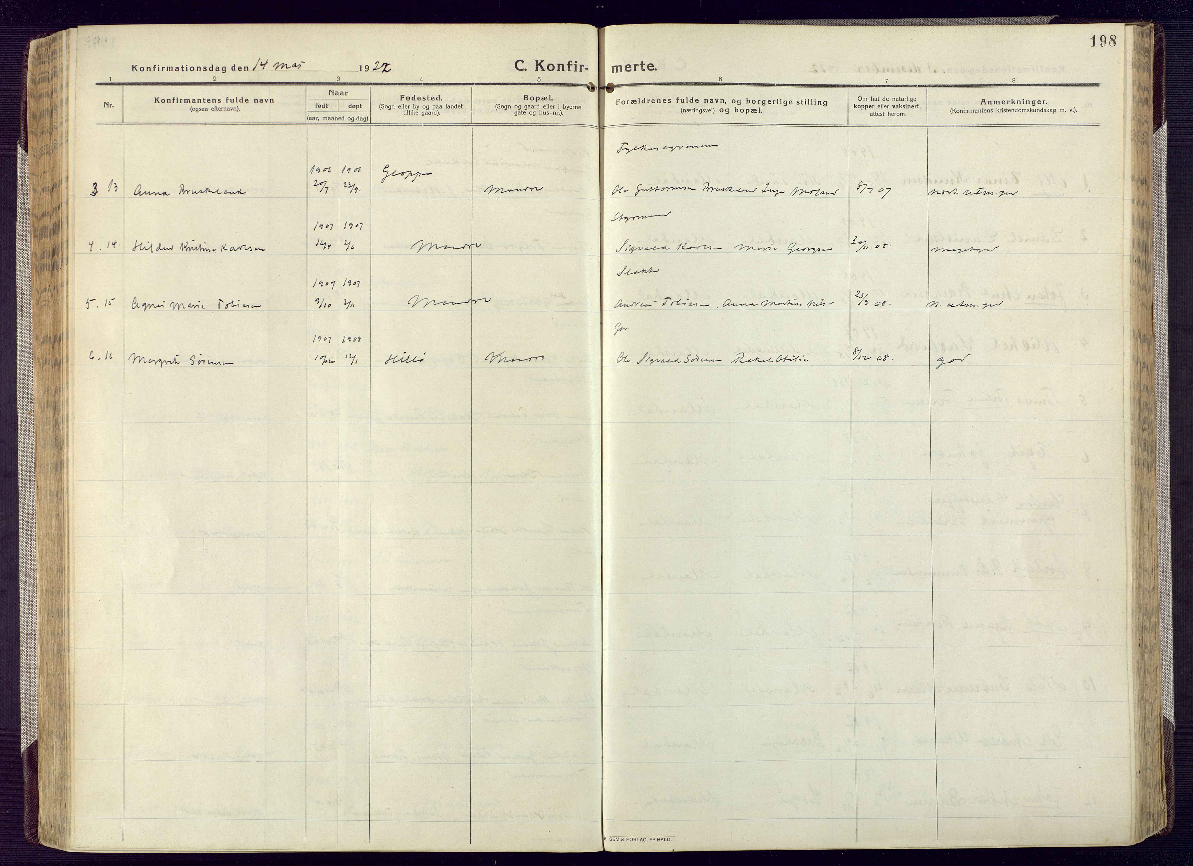 Mandal sokneprestkontor, AV/SAK-1111-0030/F/Fa/Fac/L0001: Parish register (official) no. A 1, 1913-1925, p. 198