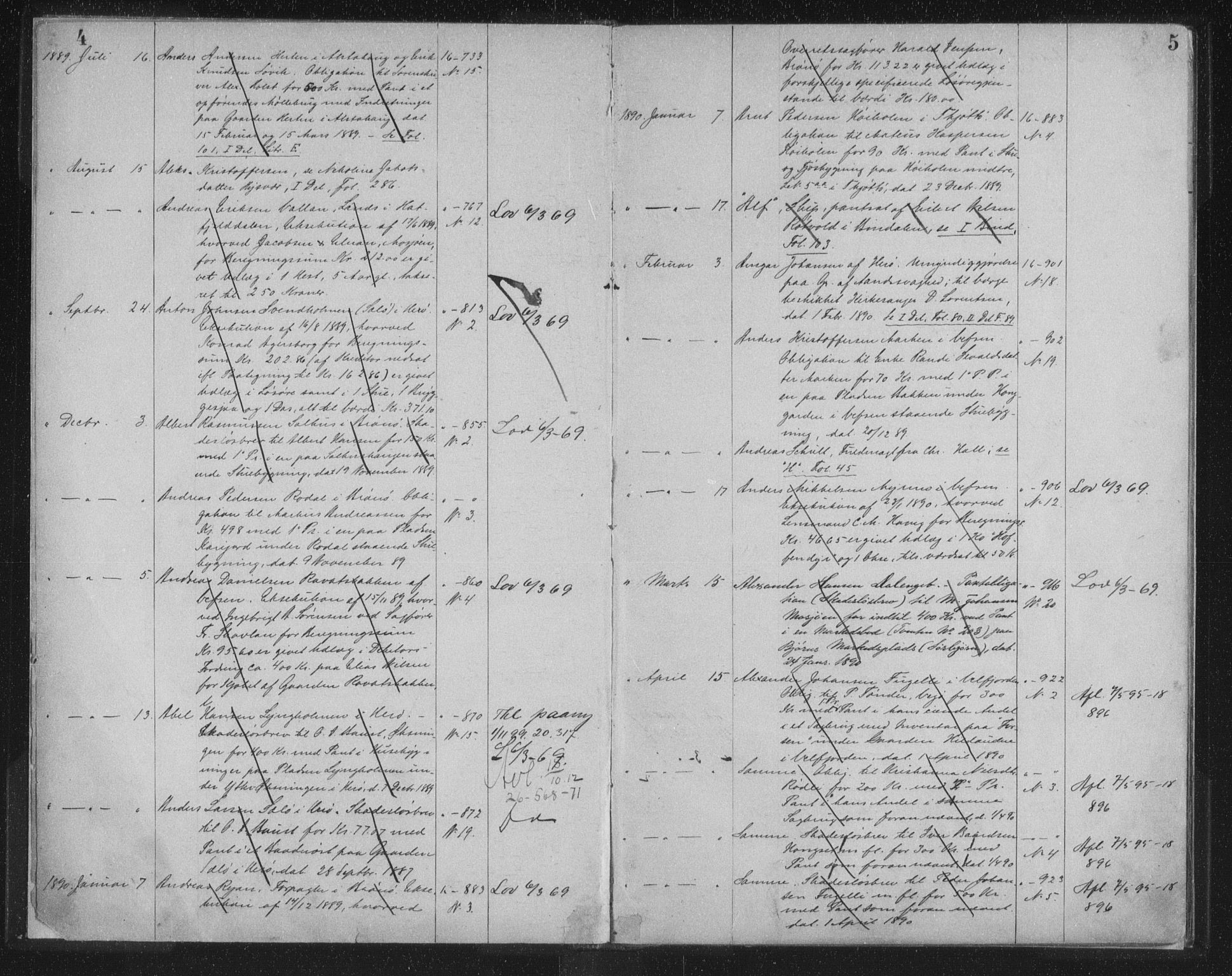 Søndre Helgeland sorenskriveri, SAT/A-4575/1/2/2B/L0005: Mortgage register no. 5, 1889-1900, p. 4-5