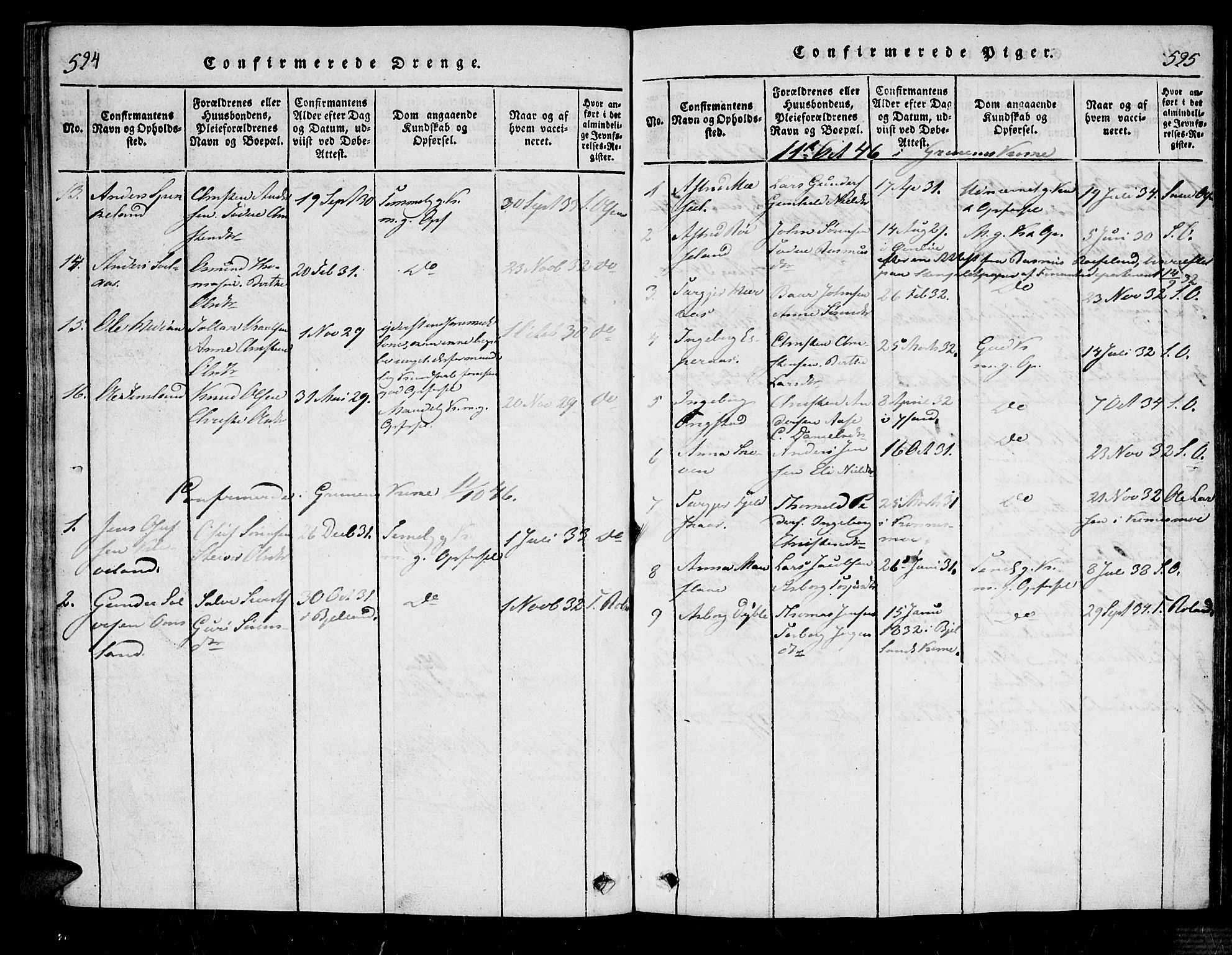 Bjelland sokneprestkontor, AV/SAK-1111-0005/F/Fa/Fab/L0002: Parish register (official) no. A 2, 1816-1869, p. 524-525