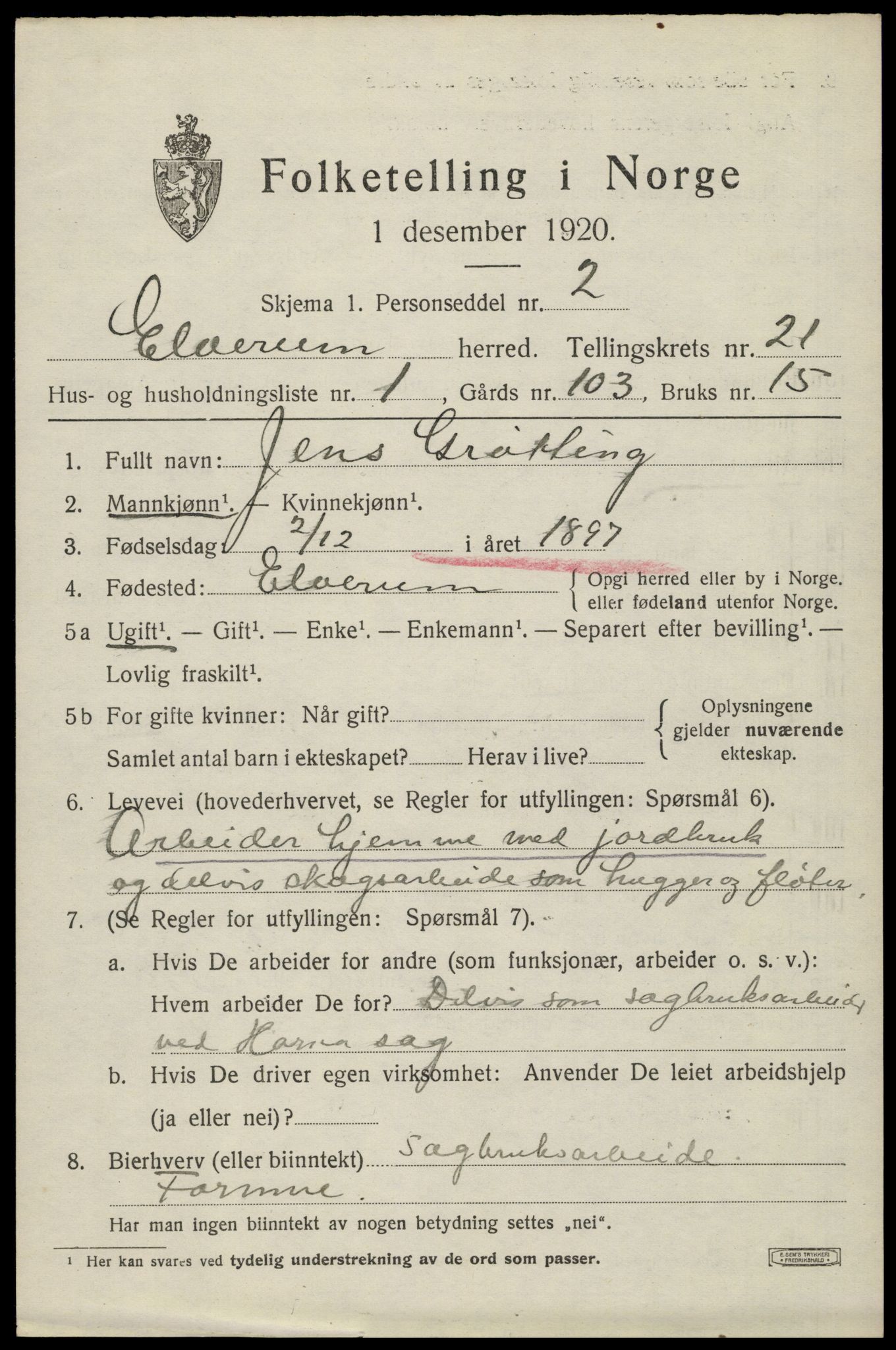 SAH, 1920 census for Elverum, 1920, p. 23826