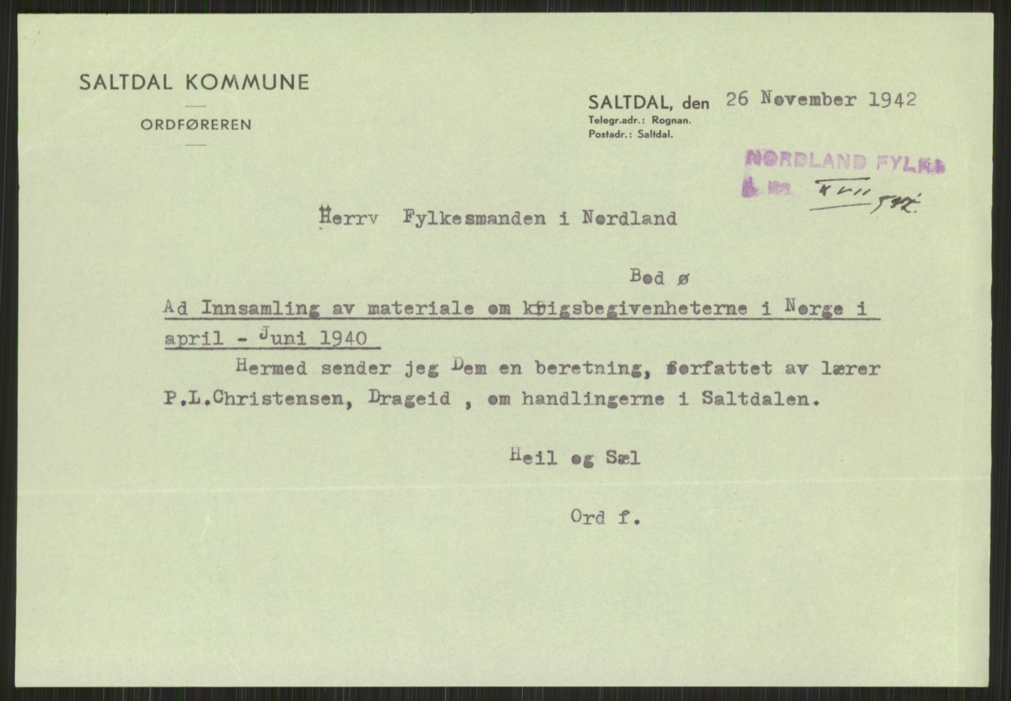 Forsvaret, Forsvarets krigshistoriske avdeling, AV/RA-RAFA-2017/Y/Ya/L0017: II-C-11-31 - Fylkesmenn.  Rapporter om krigsbegivenhetene 1940., 1940, p. 269