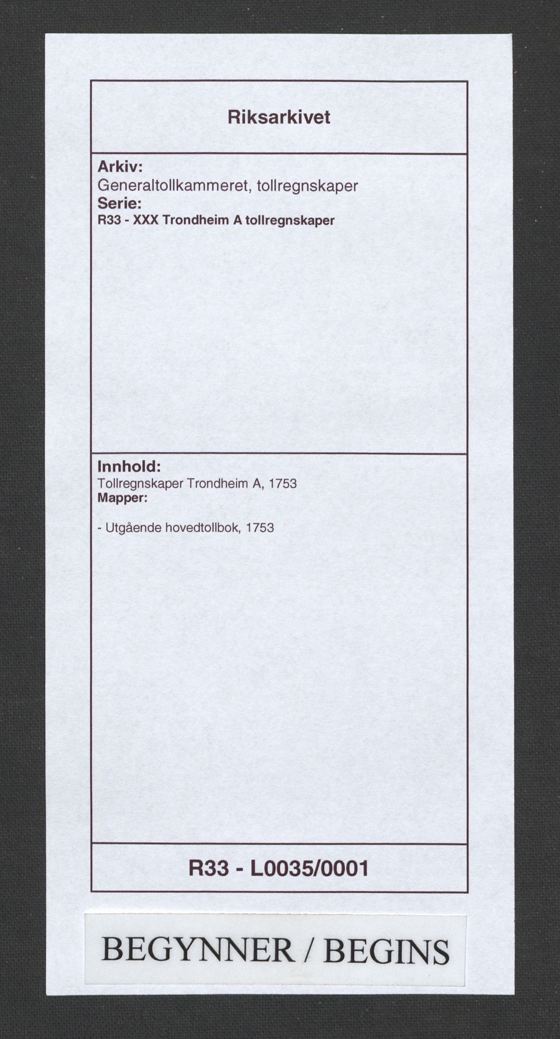 Generaltollkammeret, tollregnskaper, AV/RA-EA-5490/R33/L0035/0001: Tollregnskaper Trondheim A / Utgående hovedtollbok, 1753