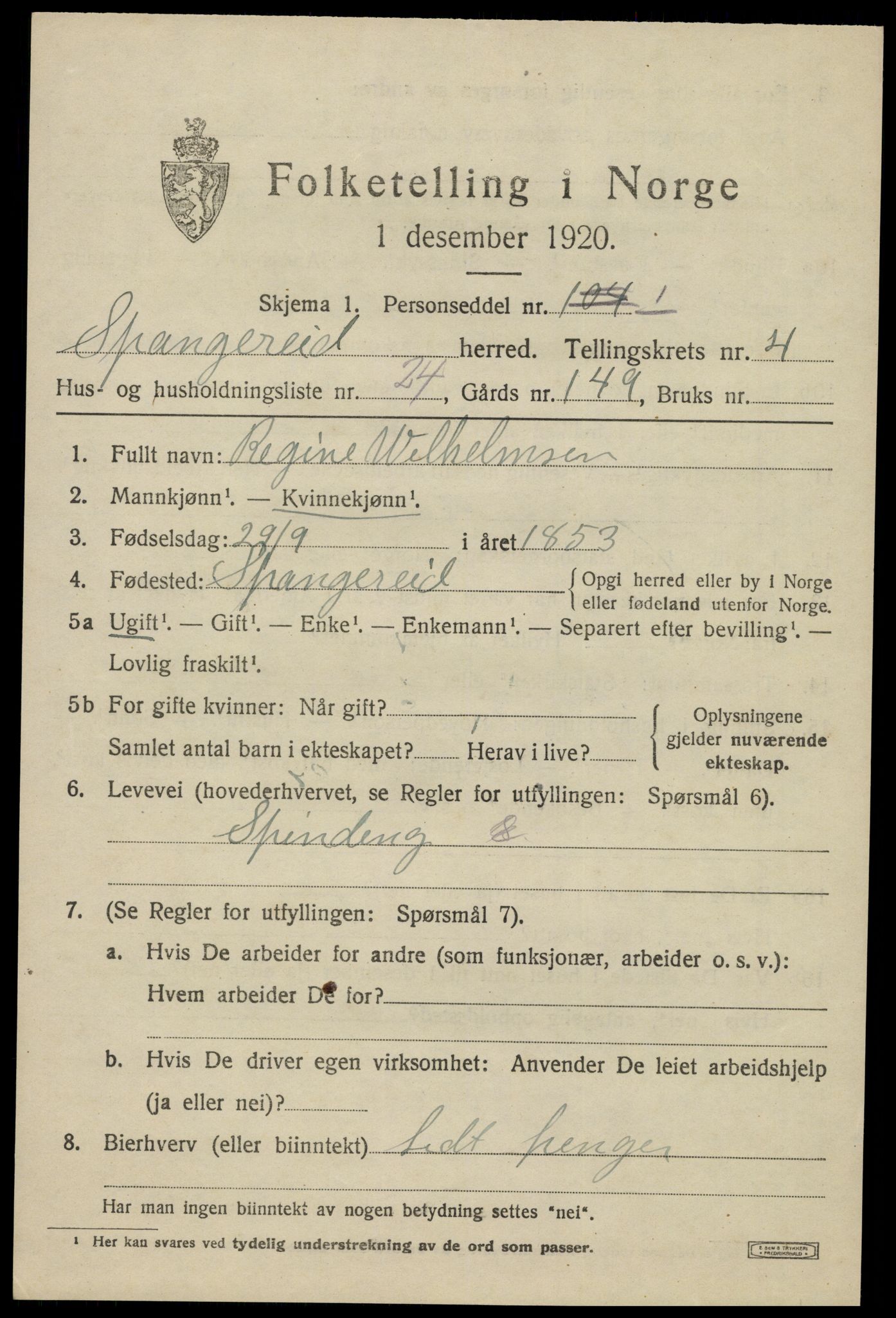 SAK, 1920 census for Spangereid, 1920, p. 1725