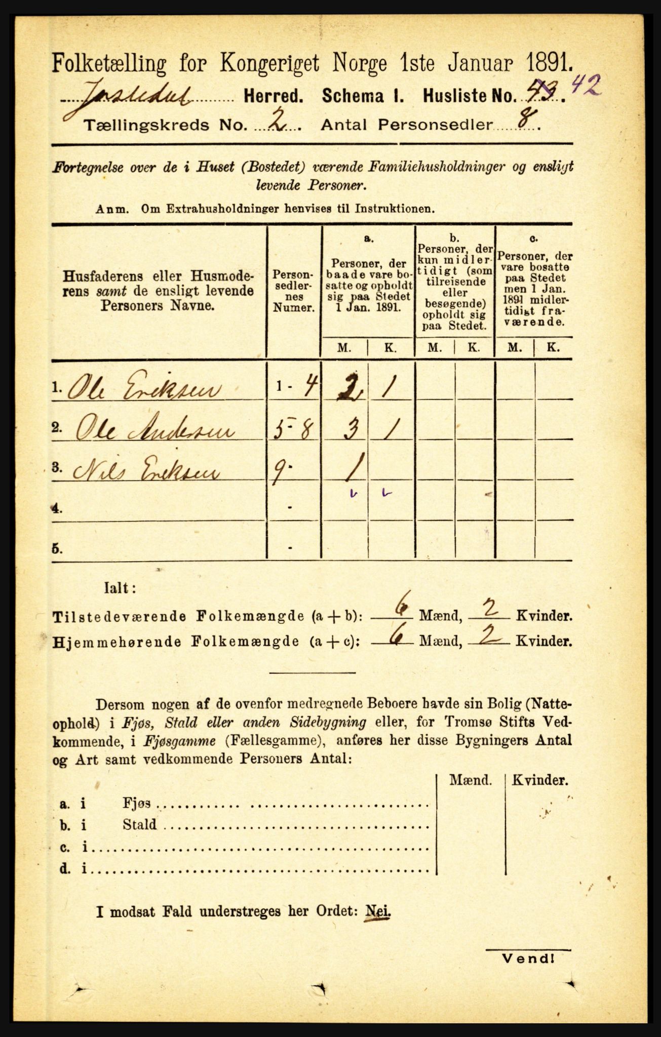 RA, 1891 census for 1427 Jostedal, 1891, p. 493