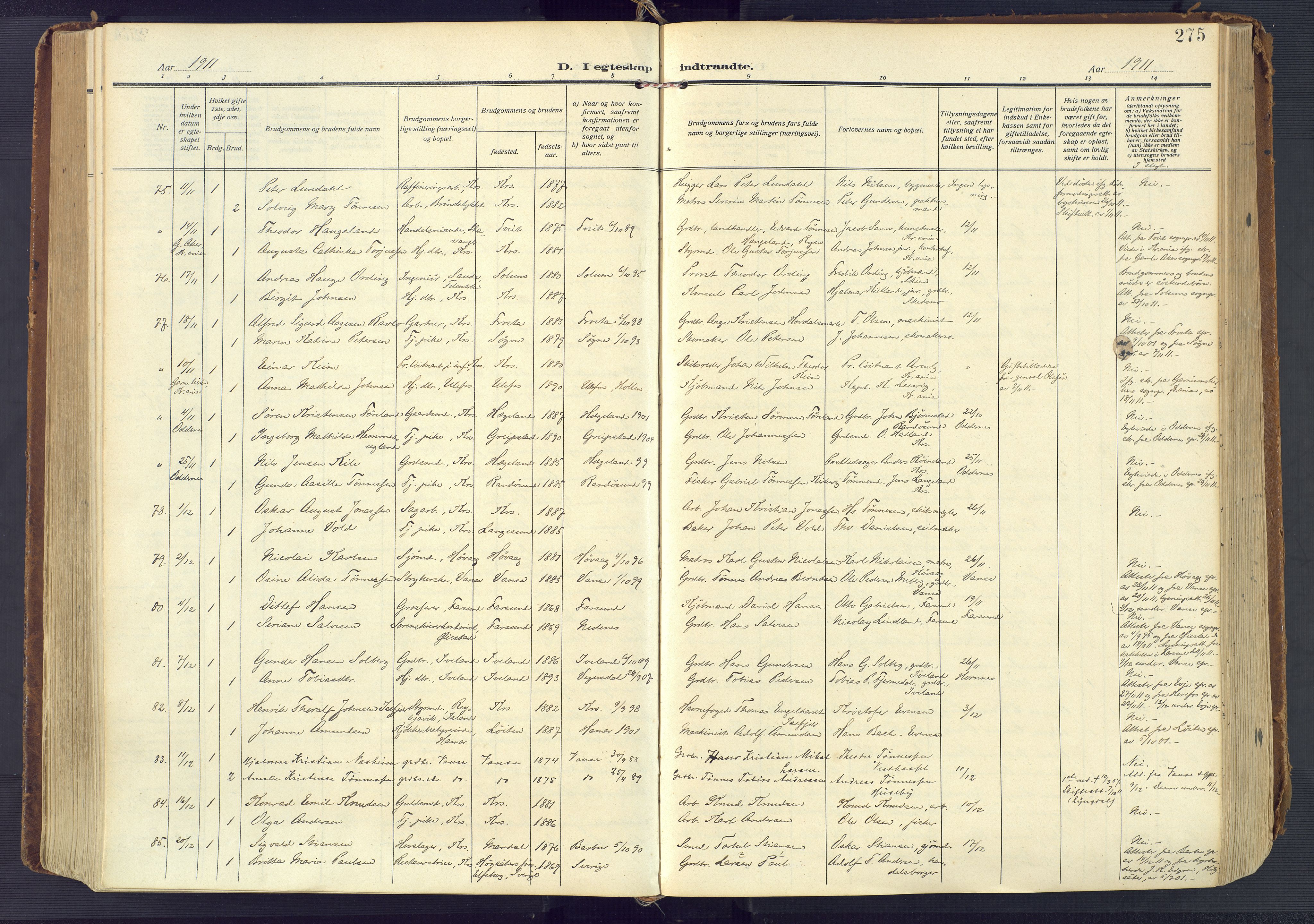 Kristiansand domprosti, AV/SAK-1112-0006/F/Fa/L0023: Parish register (official) no. A 22, 1909-1917, p. 275