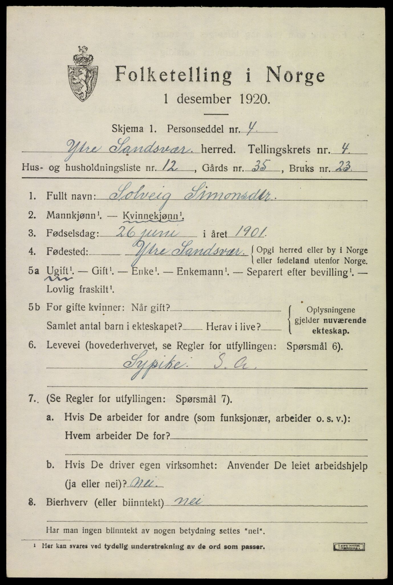 SAKO, 1920 census for Ytre Sandsvær, 1920, p. 4522