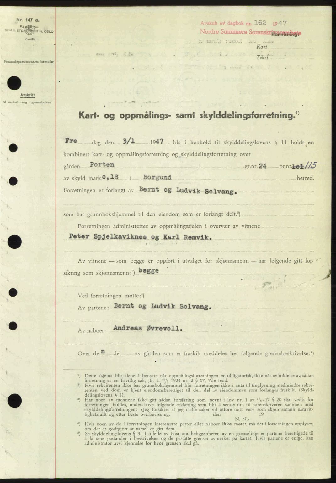 Nordre Sunnmøre sorenskriveri, AV/SAT-A-0006/1/2/2C/2Ca: Mortgage book no. A23, 1946-1947, Diary no: : 162/1947