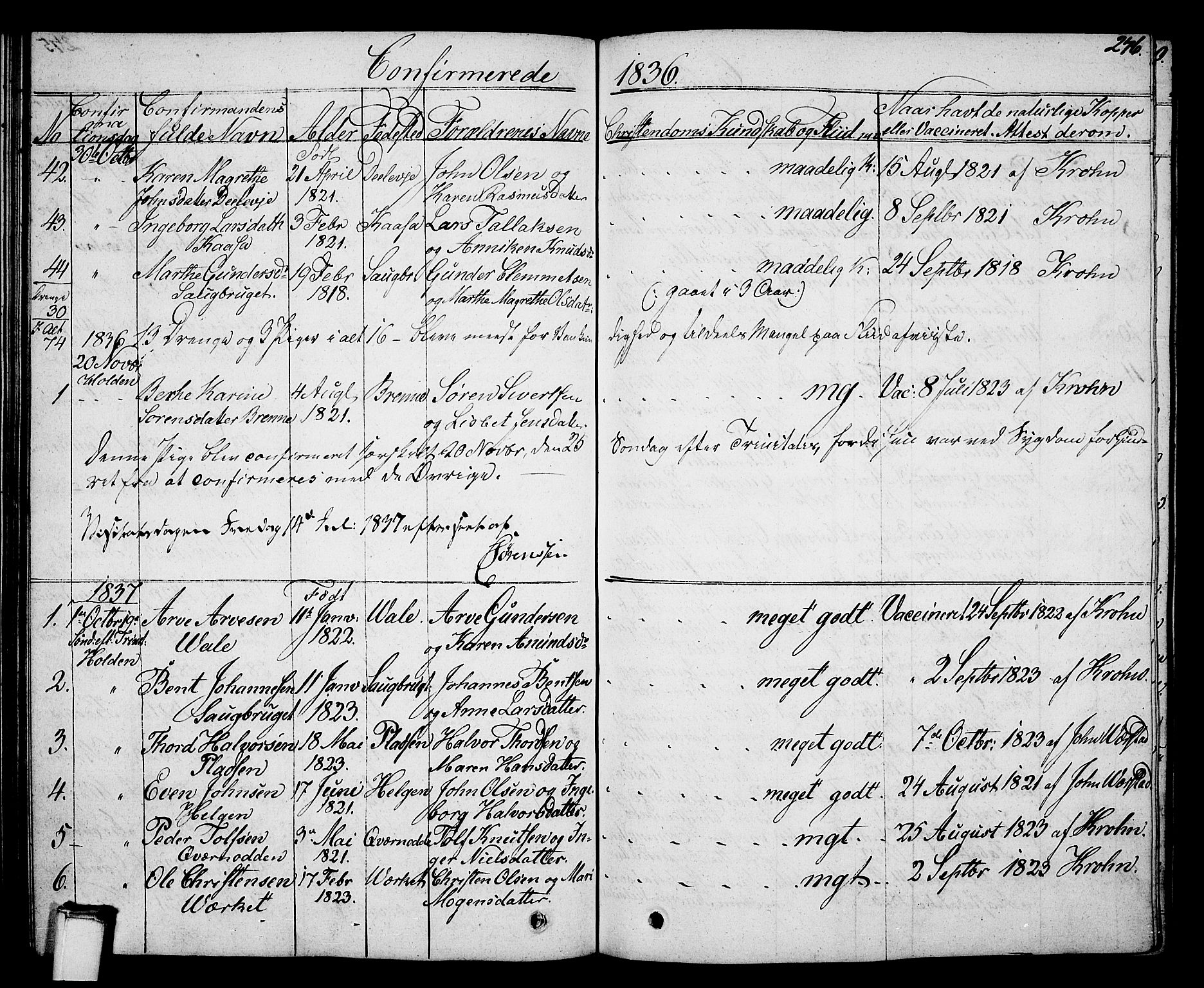 Holla kirkebøker, SAKO/A-272/G/Ga/L0002: Parish register (copy) no. I 2, 1830-1848, p. 276