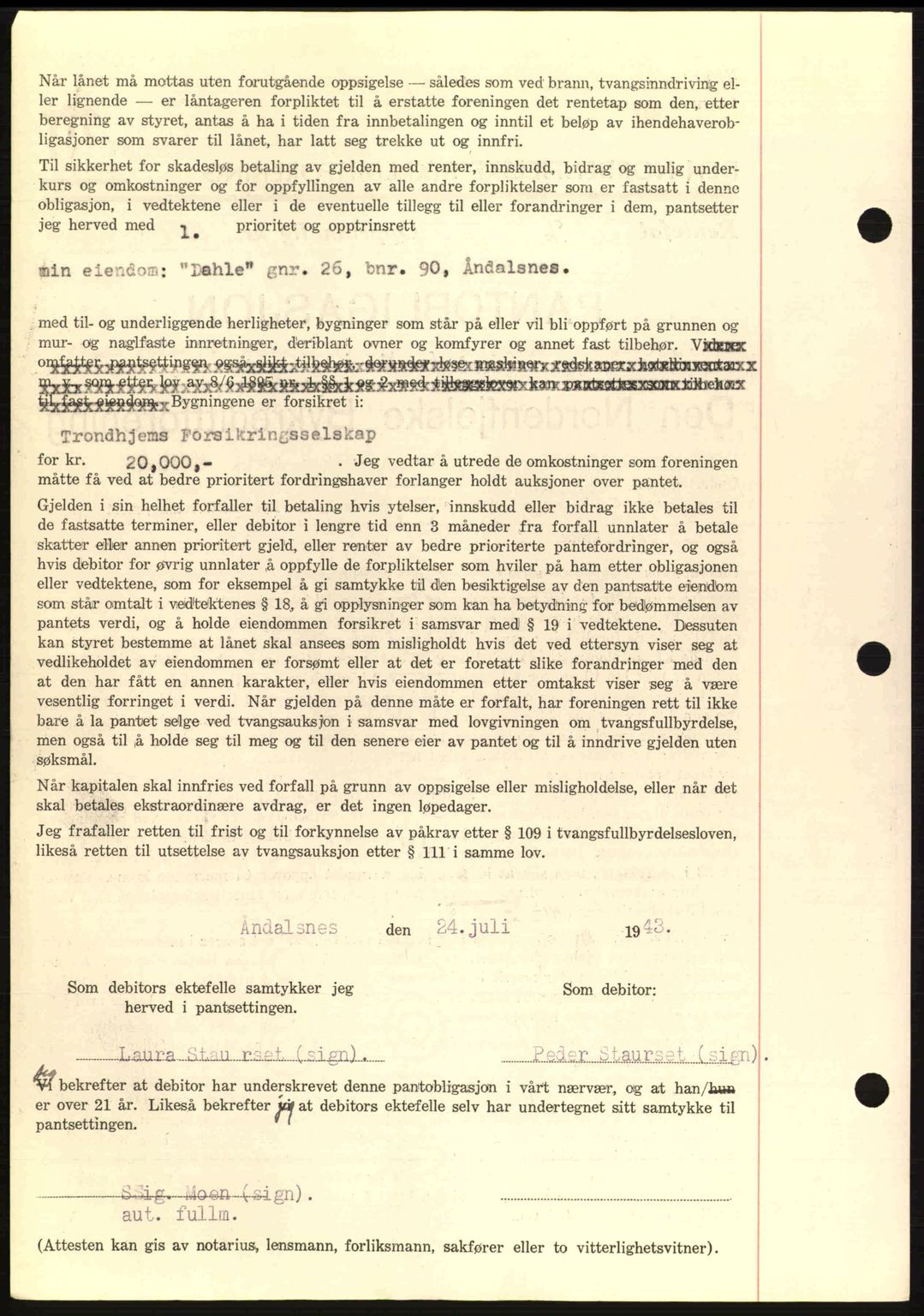 Romsdal sorenskriveri, AV/SAT-A-4149/1/2/2C: Mortgage book no. B2, 1939-1945, Diary no: : 1249/1943