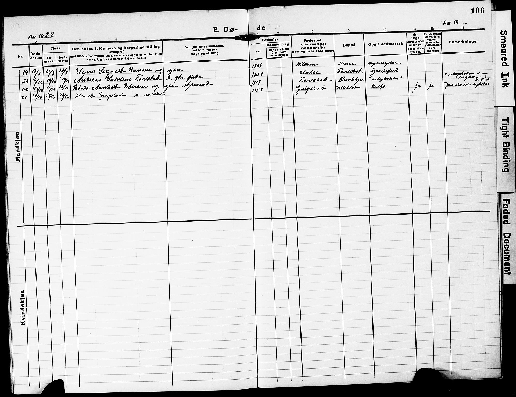 Mandal sokneprestkontor, SAK/1111-0030/F/Fb/Fba/L0013: Parish register (copy) no. B 7, 1918-1931, p. 196