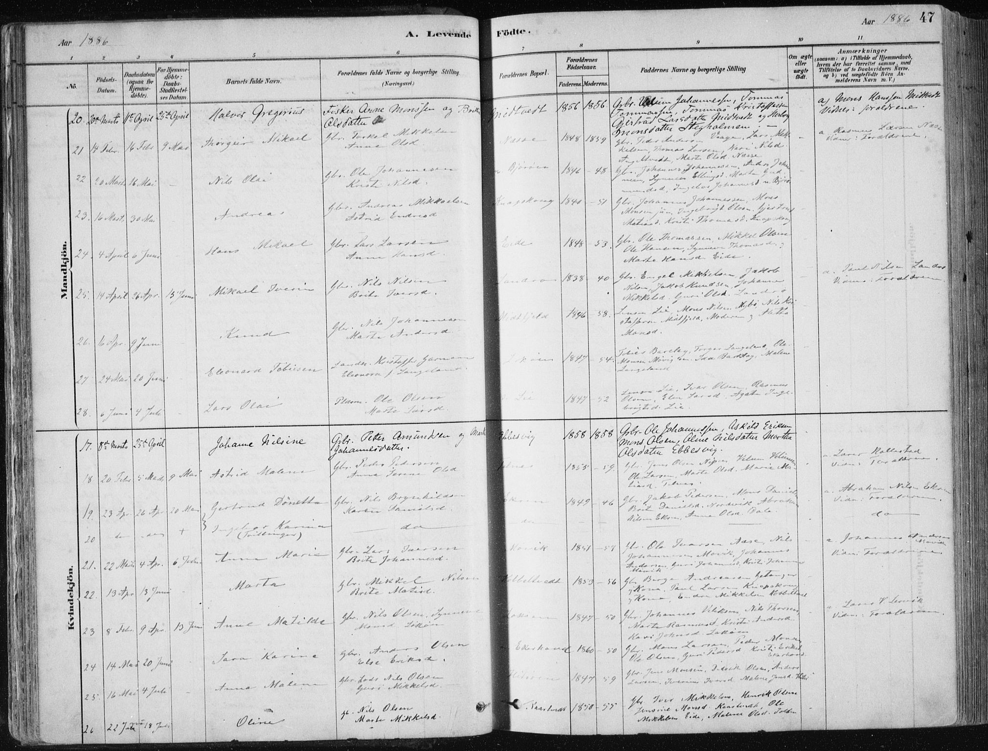 Fjell sokneprestembete, SAB/A-75301/H/Haa: Parish register (official) no. A  8, 1878-1898, p. 47