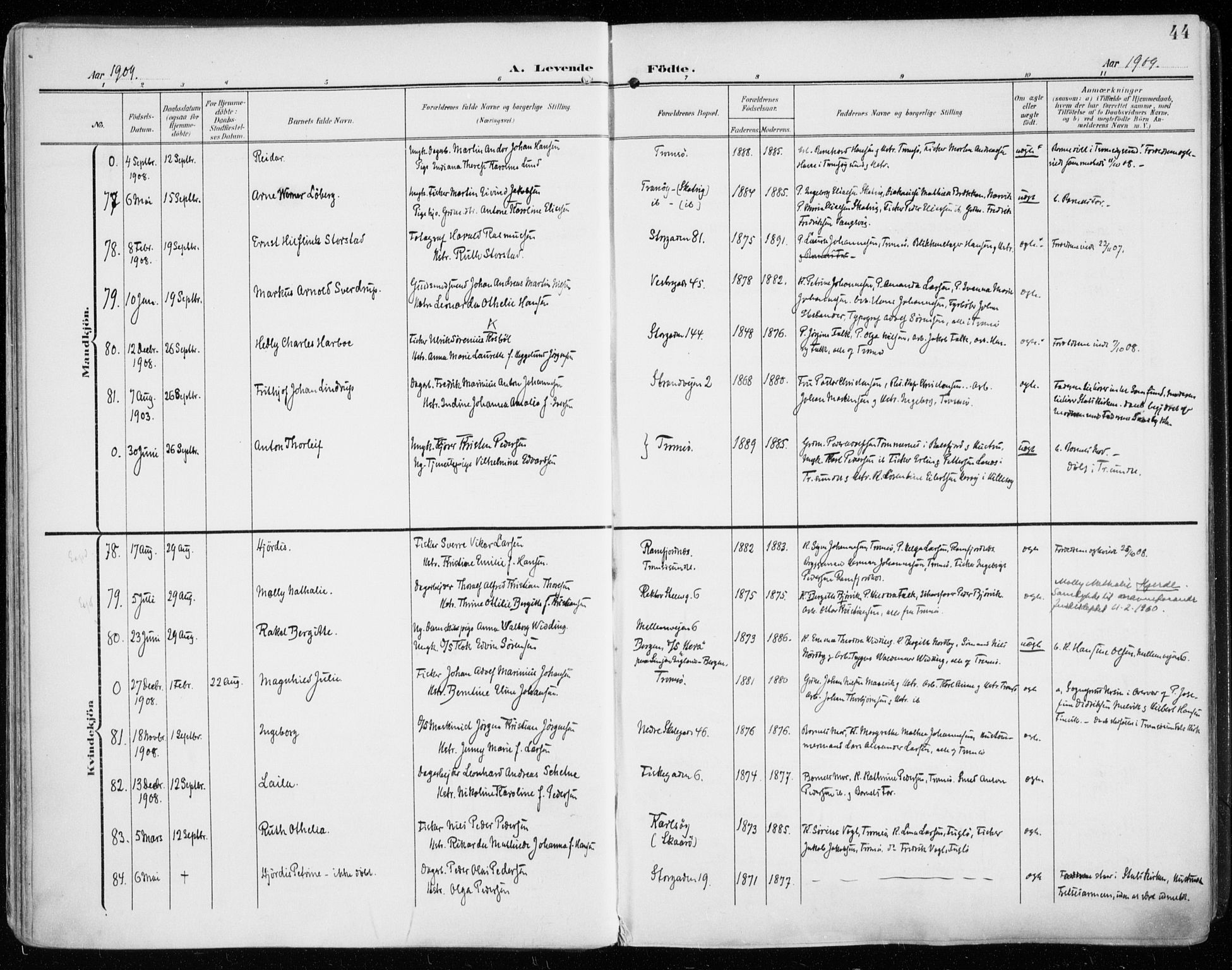 Tromsø sokneprestkontor/stiftsprosti/domprosti, AV/SATØ-S-1343/G/Ga/L0017kirke: Parish register (official) no. 17, 1907-1917, p. 44
