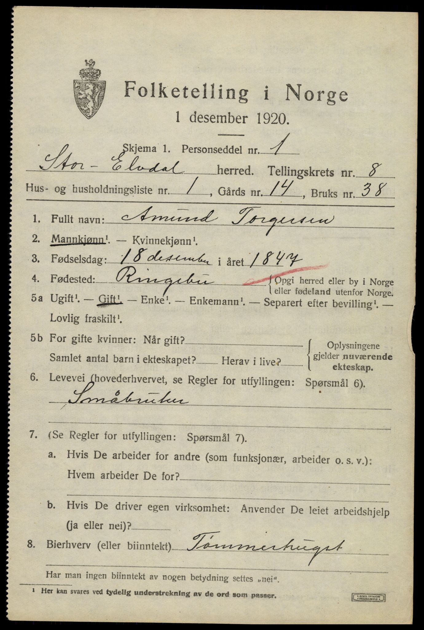 SAH, 1920 census for Stor-Elvdal, 1920, p. 6564