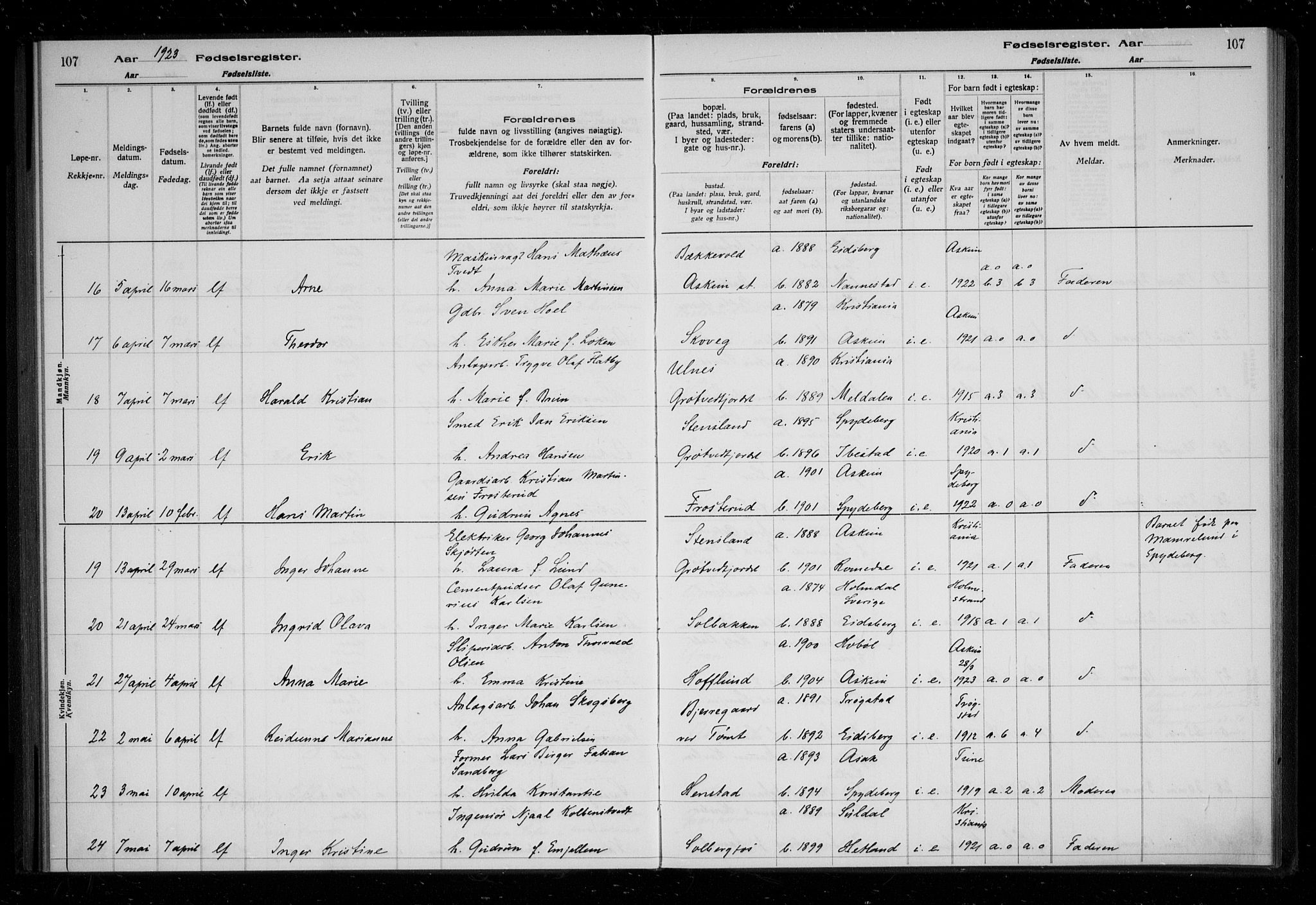 Askim prestekontor Kirkebøker, AV/SAO-A-10900/J/Ja/L0001: Birth register no. 1, 1916-1929, p. 107