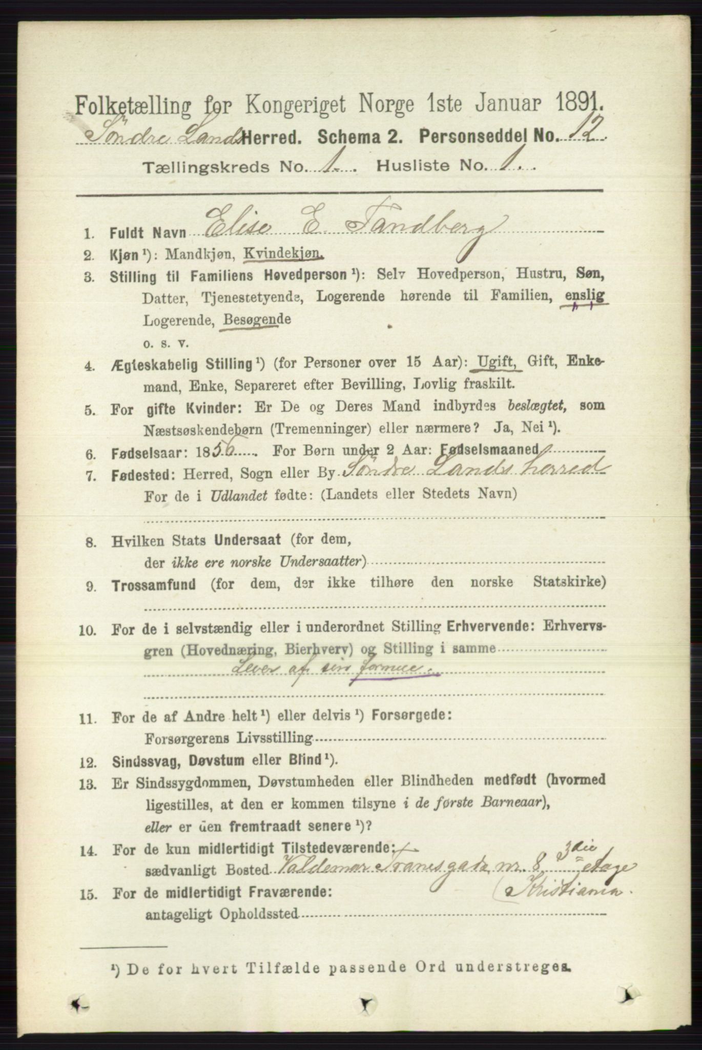 RA, 1891 census for 0536 Søndre Land, 1891, p. 143