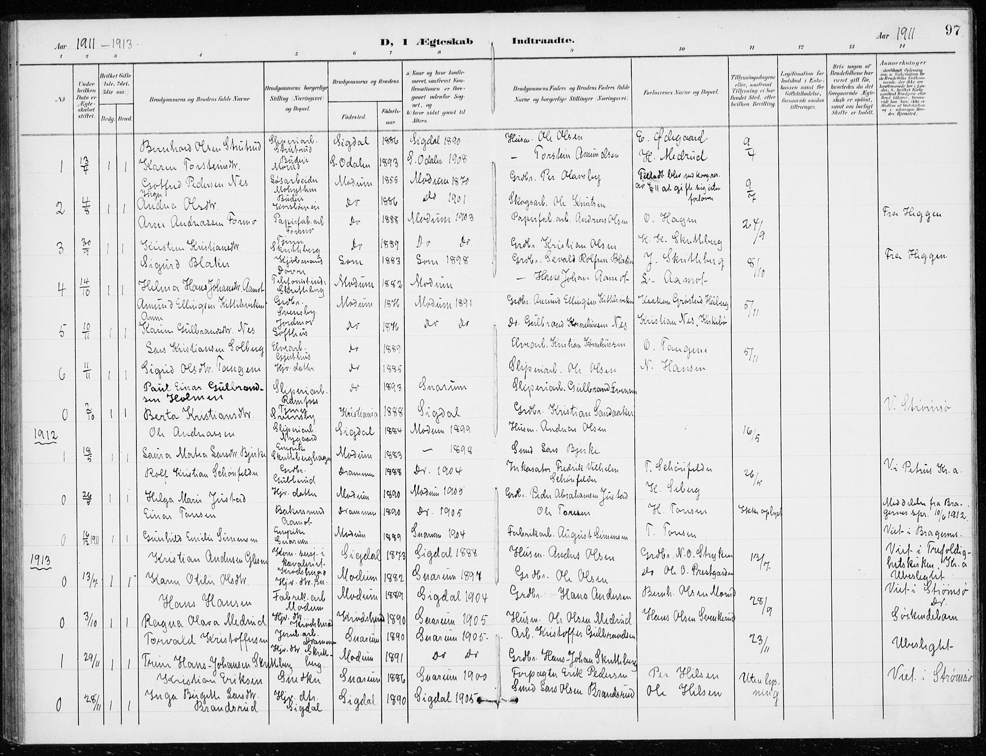 Modum kirkebøker, AV/SAKO-A-234/G/Gd/L0001: Parish register (copy) no. IV 1, 1901-1921, p. 97