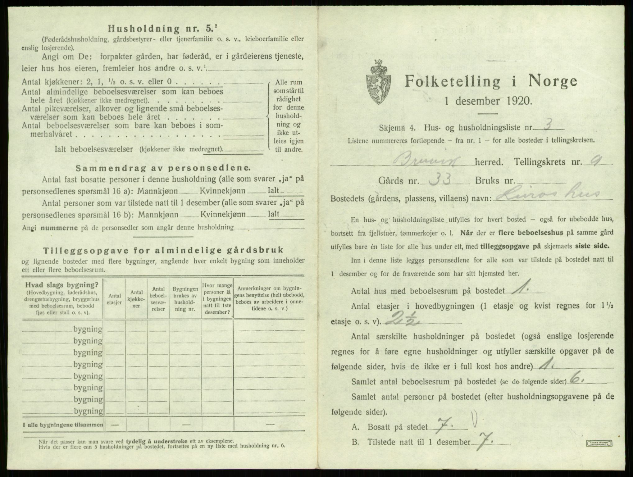 SAB, 1920 census for Bruvik, 1920, p. 605