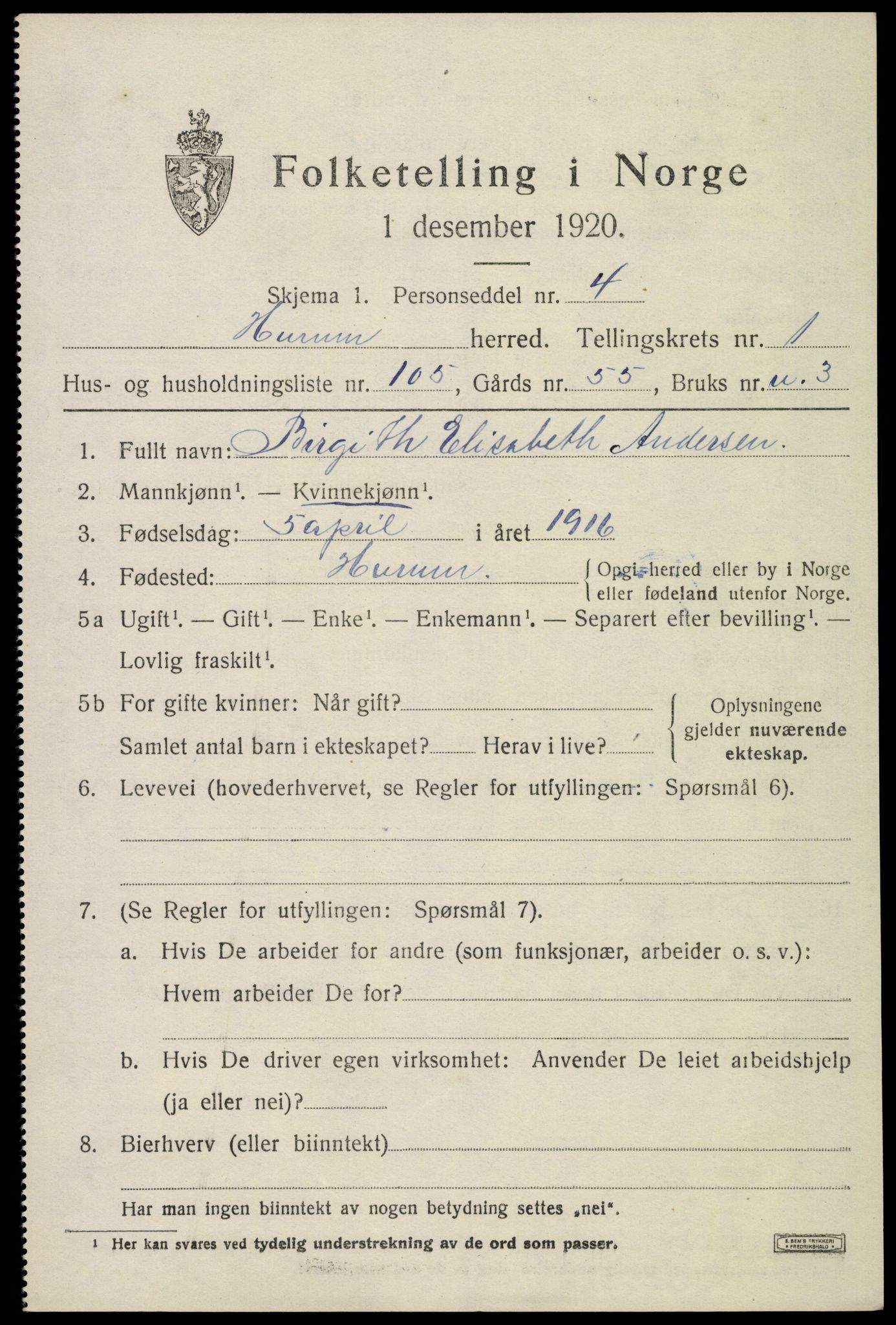 SAKO, 1920 census for Hurum, 1920, p. 3118