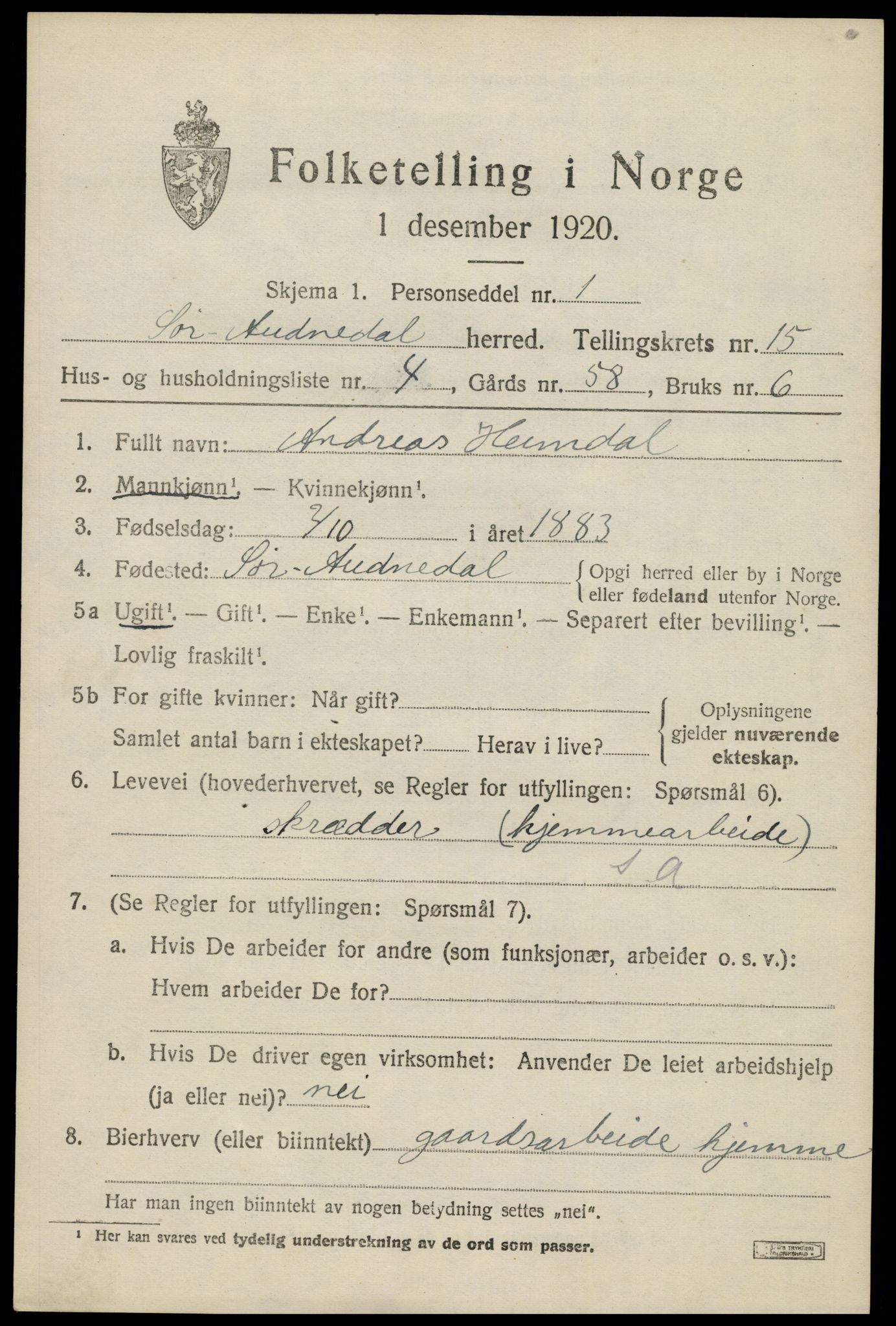 SAK, 1920 census for Sør-Audnedal, 1920, p. 5747