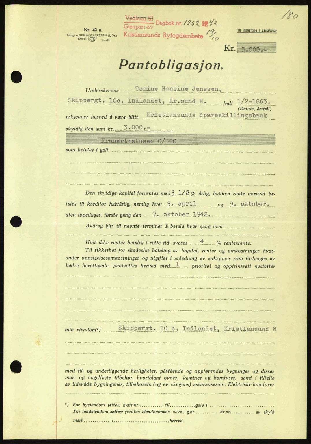 Kristiansund byfogd, AV/SAT-A-4587/A/27: Mortgage book no. 36, 1942-1943, Diary no: : 1252/1942