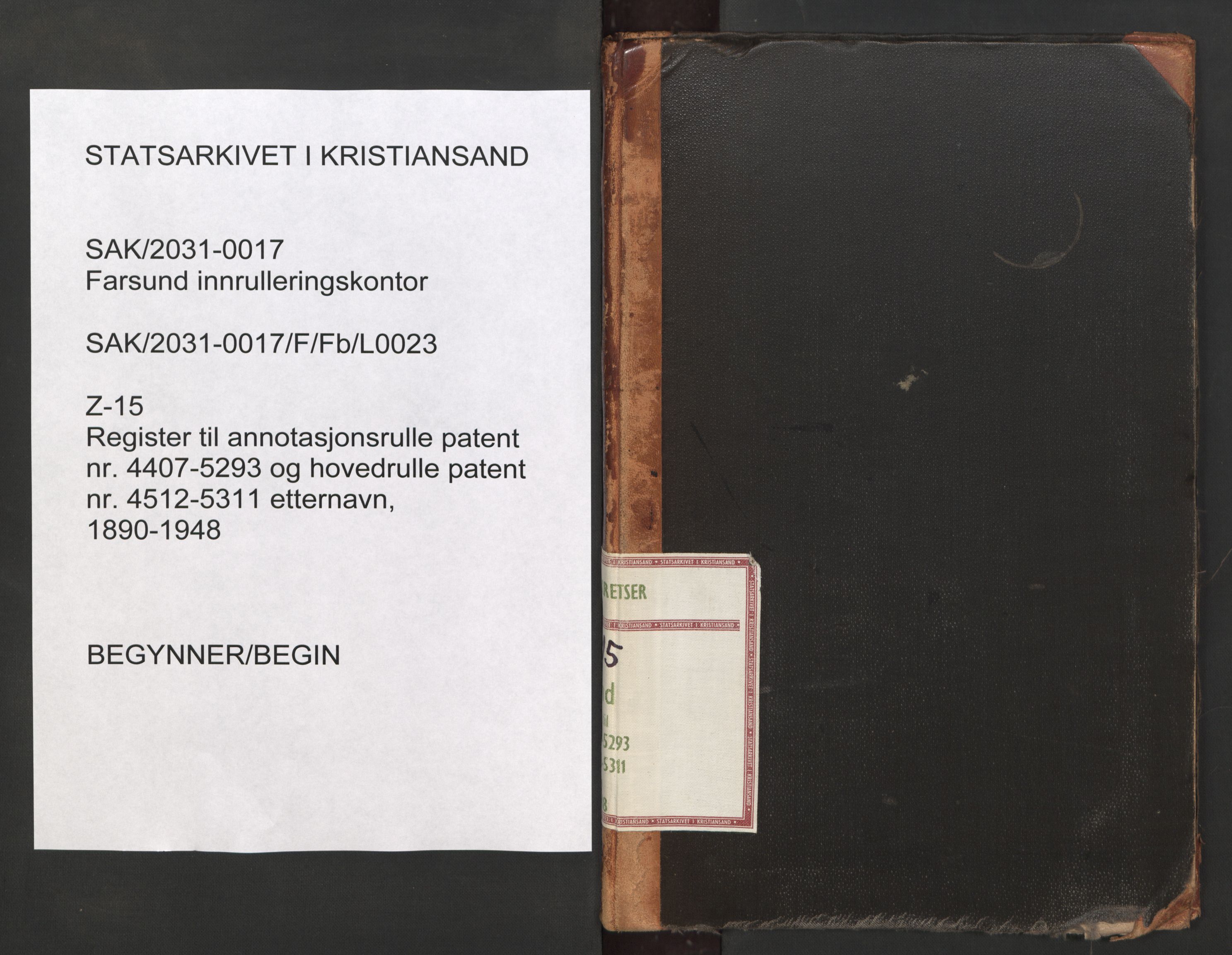 Farsund mønstringskrets, SAK/2031-0017/F/Fb/L0023: Register til annotasjonsrulle nr 4407-5293 og hovedrulle nr 4512-5311 etternavn, Z-15, 1890-1948, p. 1