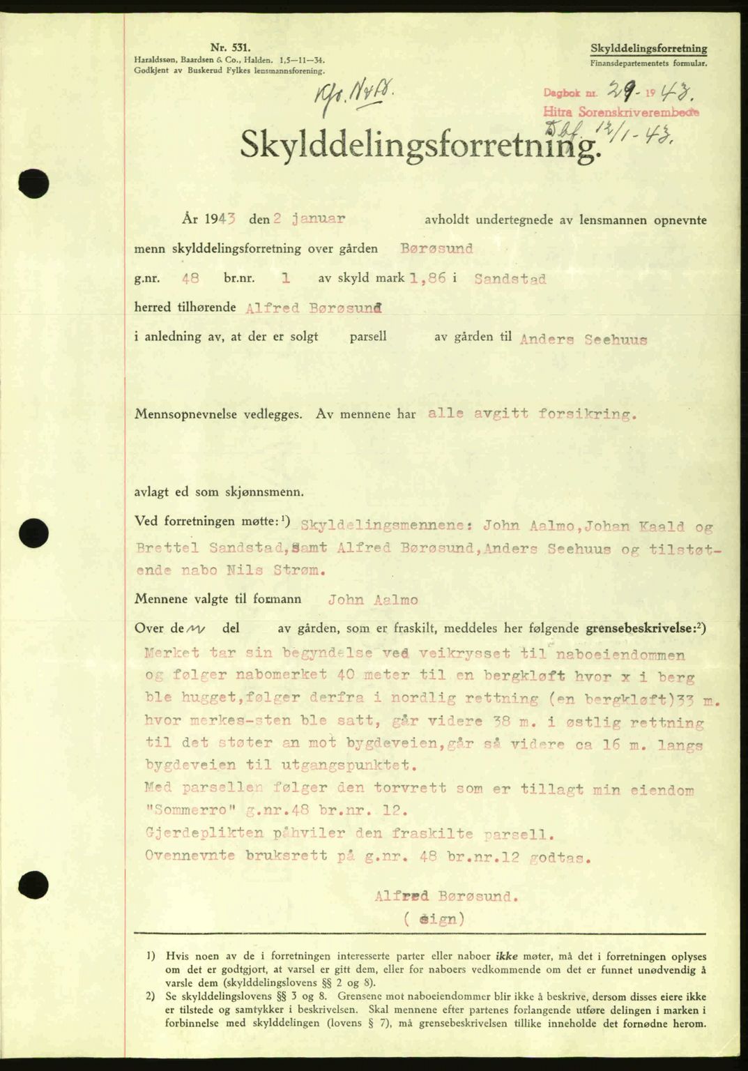 Hitra sorenskriveri, AV/SAT-A-0018/2/2C/2Ca: Mortgage book no. A2, 1943-1945, Diary no: : 29/1943