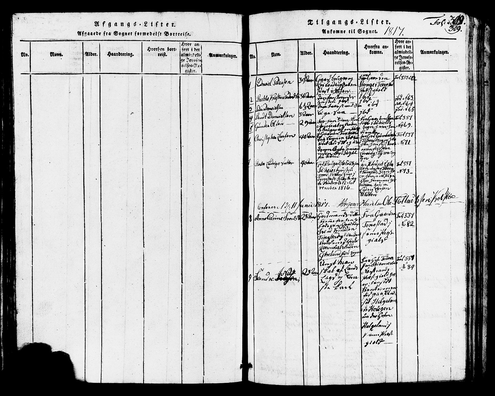 Avaldsnes sokneprestkontor, SAST/A -101851/H/Ha/Hab/L0001: Parish register (copy) no. B 1, 1816-1825, p. 309