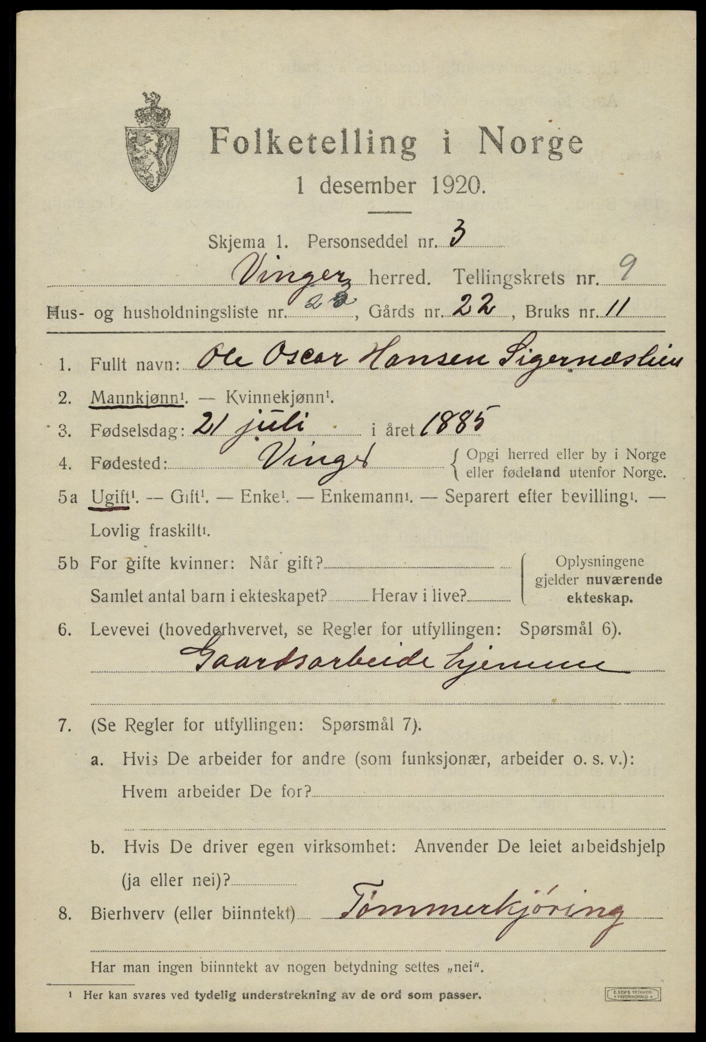 SAH, 1920 census for Vinger, 1920, p. 8360