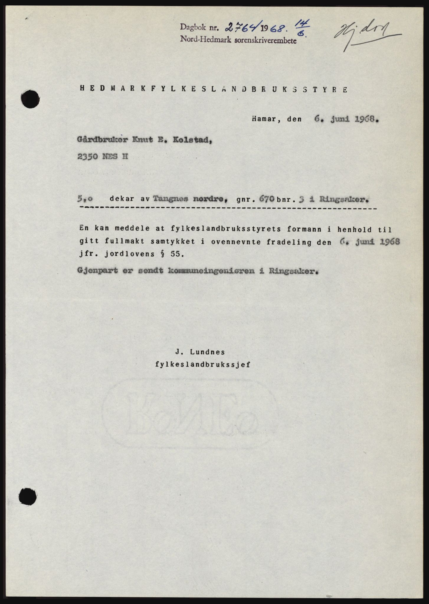 Nord-Hedmark sorenskriveri, SAH/TING-012/H/Hc/L0028: Mortgage book no. 28, 1968-1968, Diary no: : 2764/1968