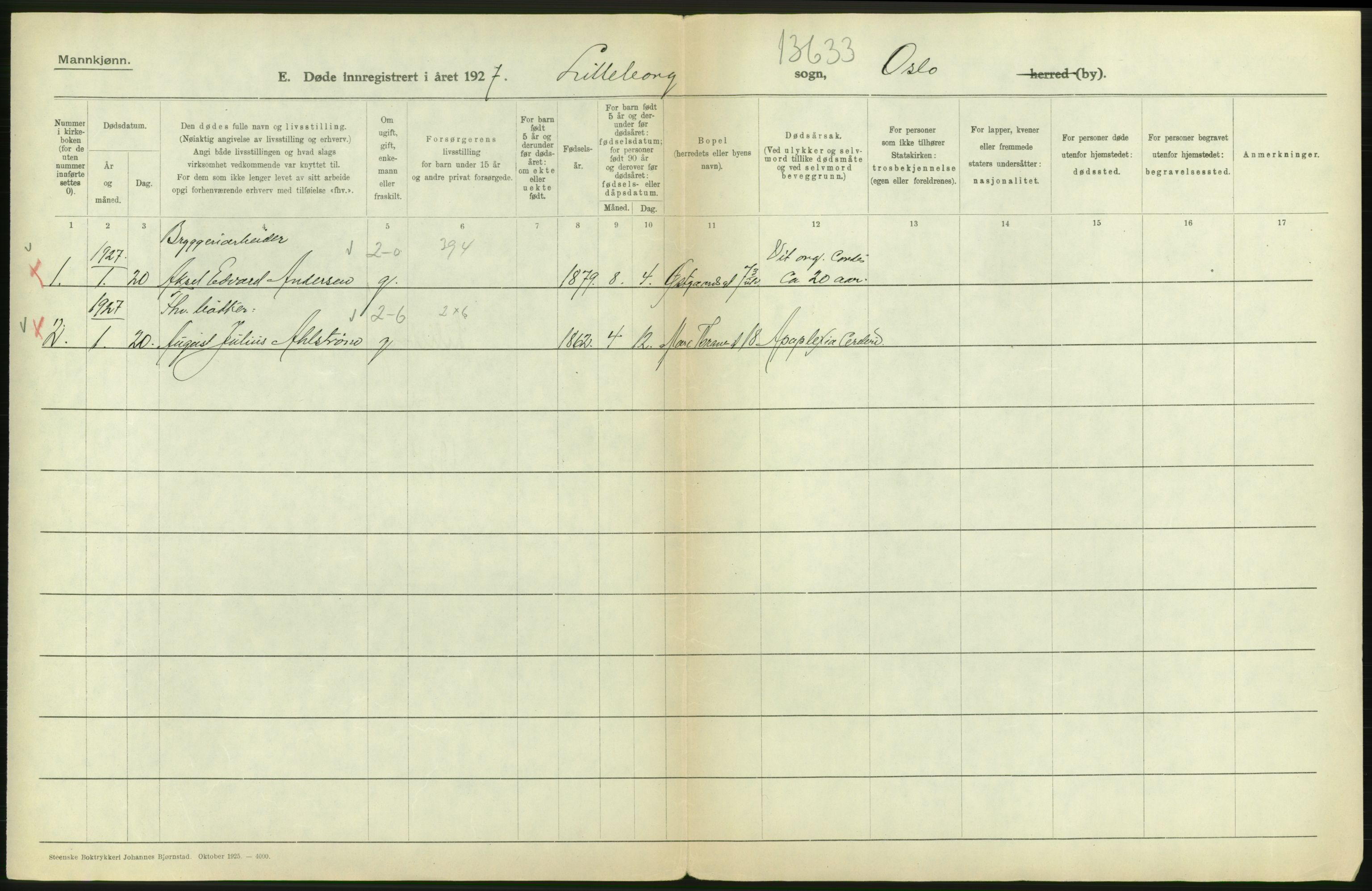 Statistisk sentralbyrå, Sosiodemografiske emner, Befolkning, AV/RA-S-2228/D/Df/Dfc/Dfcg/L0009: Oslo: Døde menn, 1927, p. 276