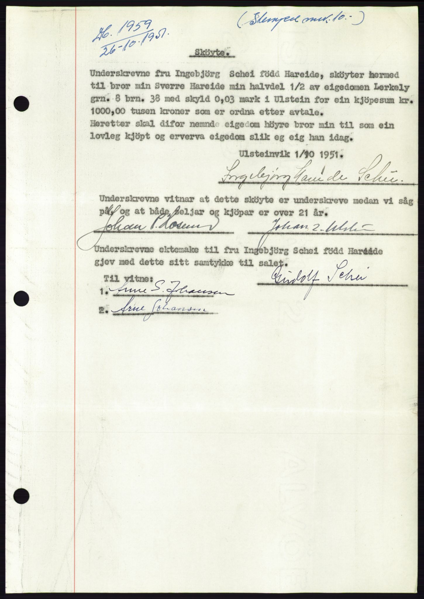 Søre Sunnmøre sorenskriveri, AV/SAT-A-4122/1/2/2C/L0090: Mortgage book no. 16A, 1951-1951, Diary no: : 1959/1951