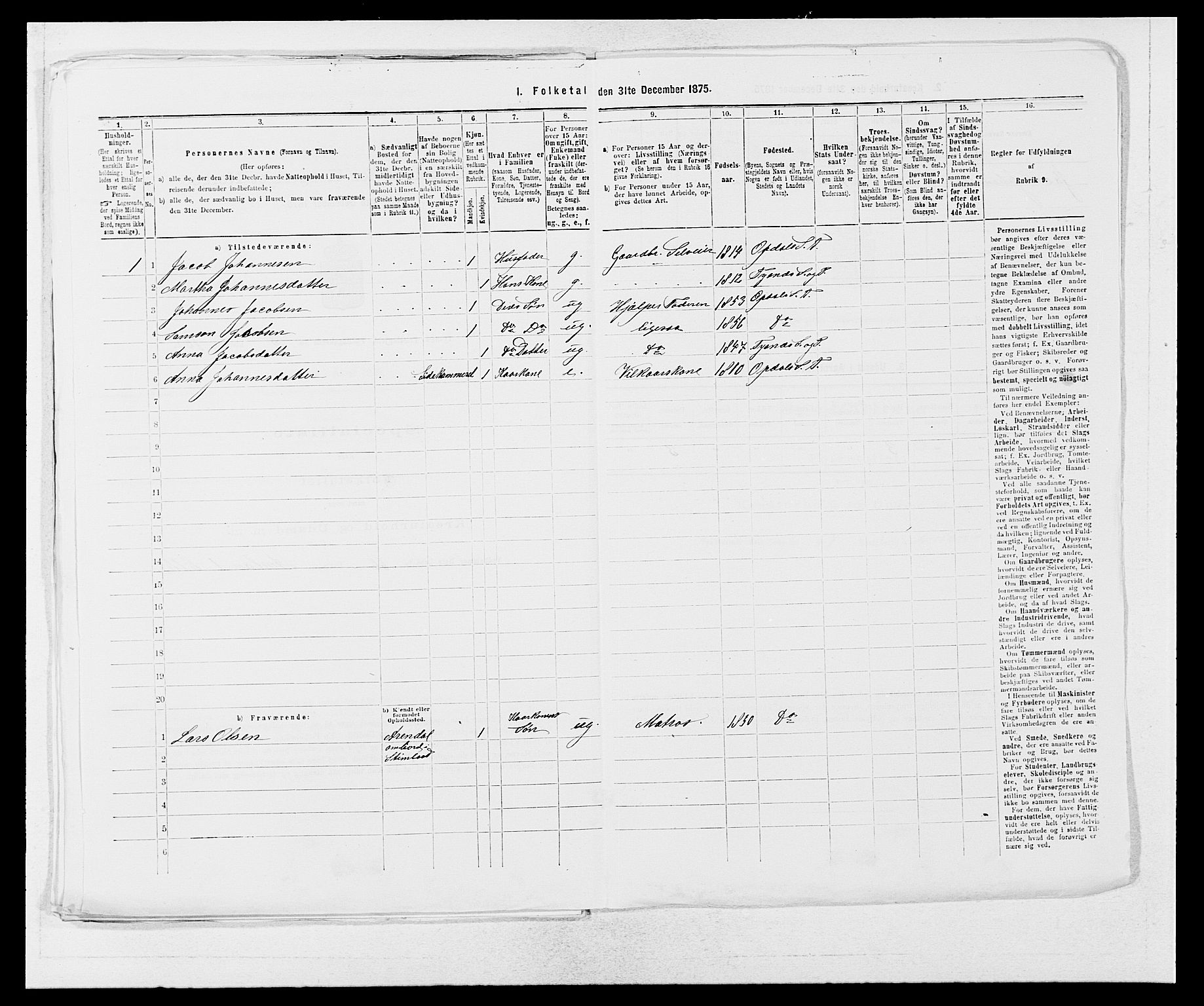 SAB, 1875 census for 1223P Tysnes, 1875, p. 425