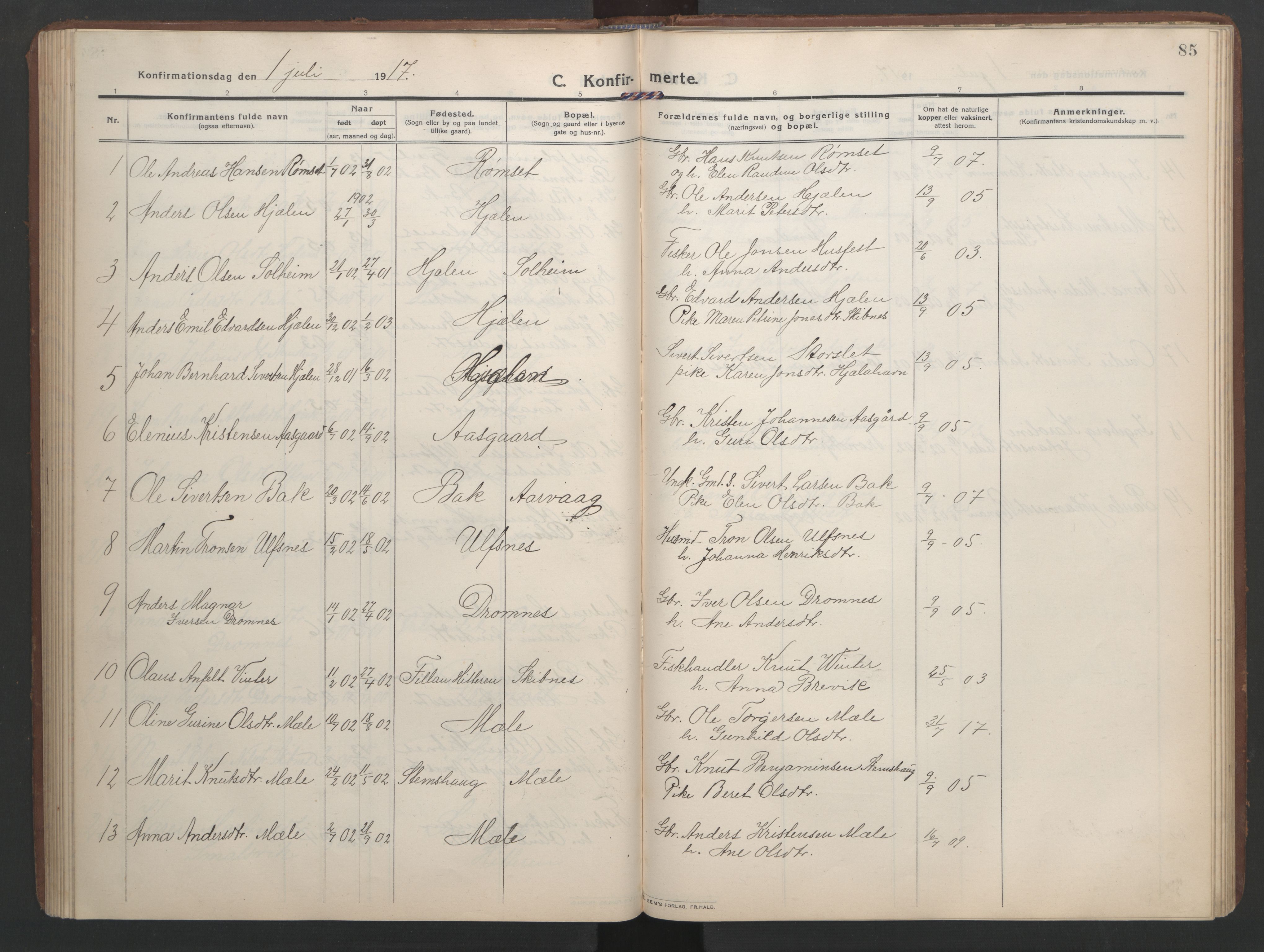 Ministerialprotokoller, klokkerbøker og fødselsregistre - Møre og Romsdal, AV/SAT-A-1454/579/L0919: Parish register (copy) no. 579C01, 1909-1957, p. 85