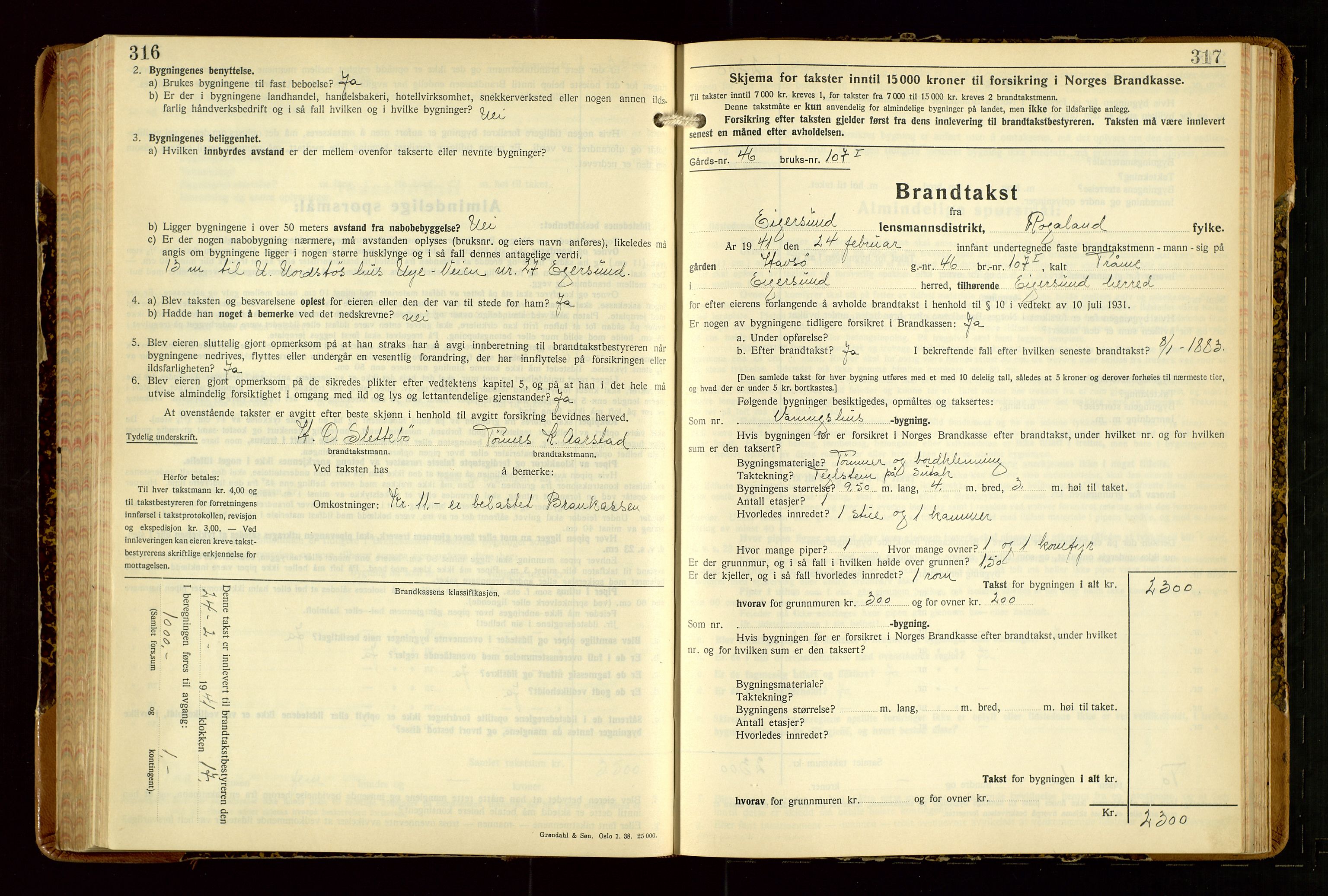 Eigersund lensmannskontor, SAST/A-100171/Gob/L0007: "Brandtakstprotokoll", 1938-1955, p. 316-317