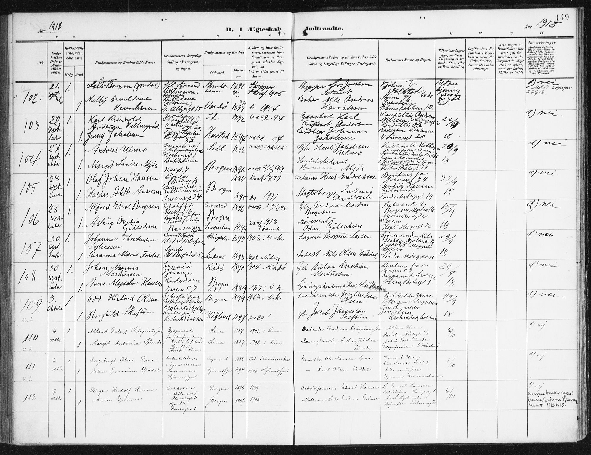Domkirken sokneprestembete, SAB/A-74801/H/Haa/L0038: Parish register (official) no. D 5, 1906-1921, p. 149