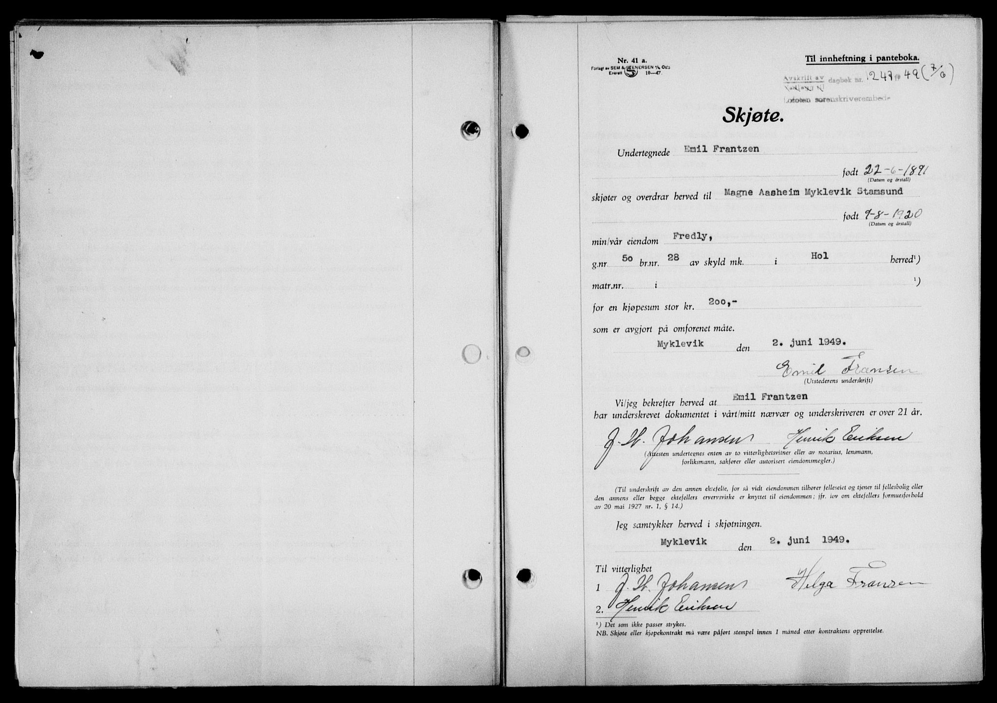 Lofoten sorenskriveri, SAT/A-0017/1/2/2C/L0021a: Mortgage book no. 21a, 1949-1949, Diary no: : 1247/1949