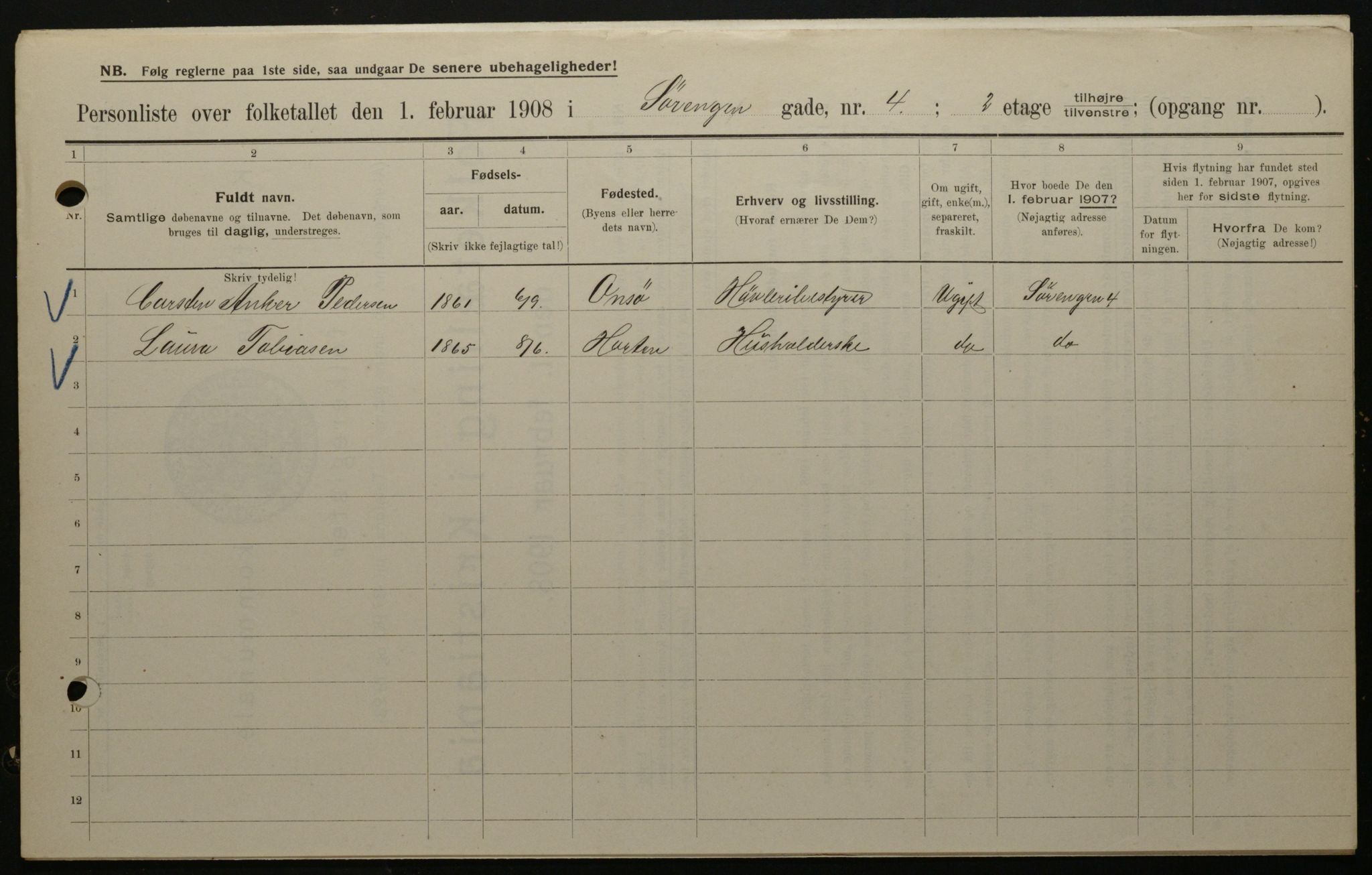 OBA, Municipal Census 1908 for Kristiania, 1908, p. 95631