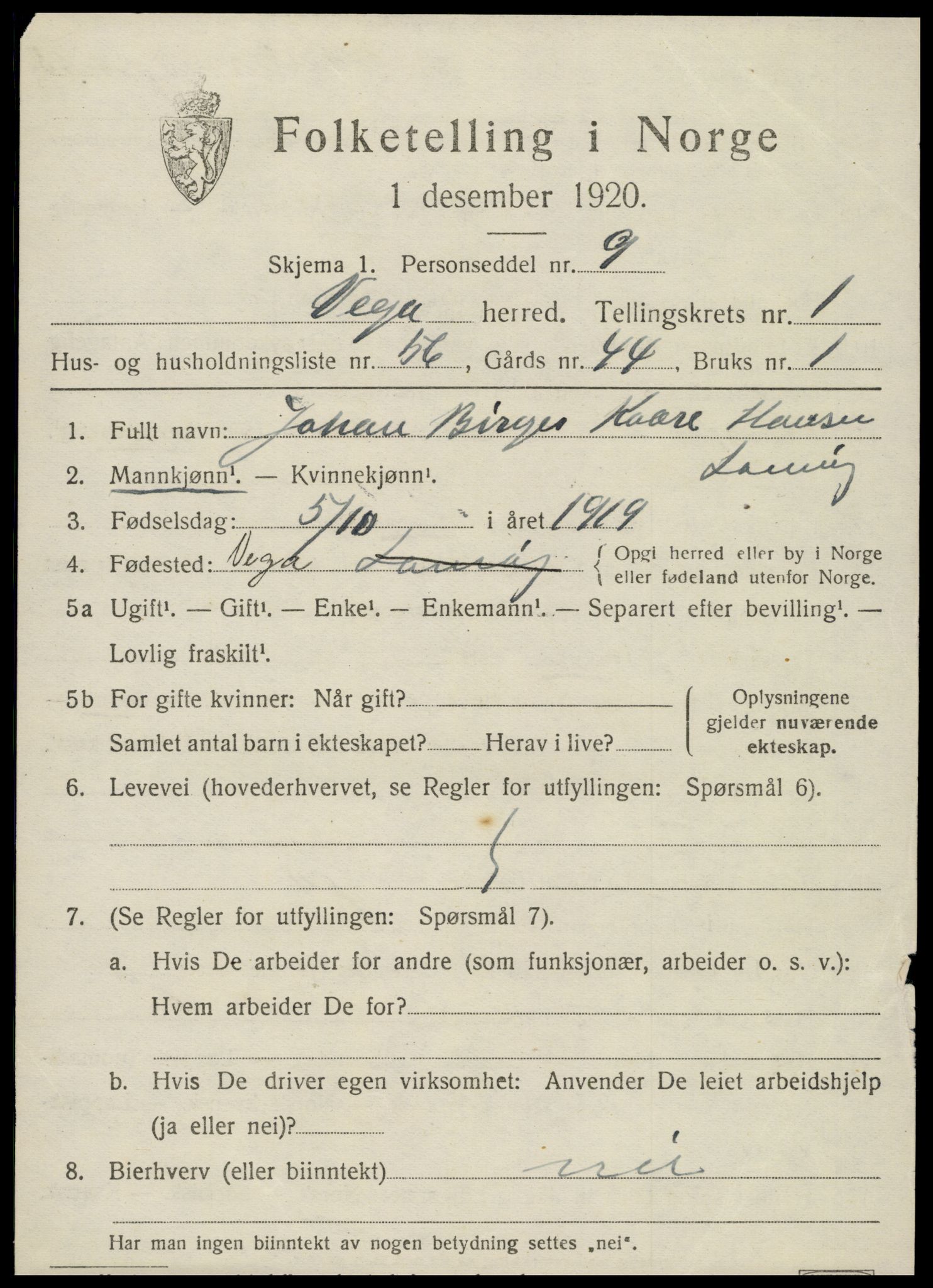 SAT, 1920 census for Vega, 1920, p. 4537