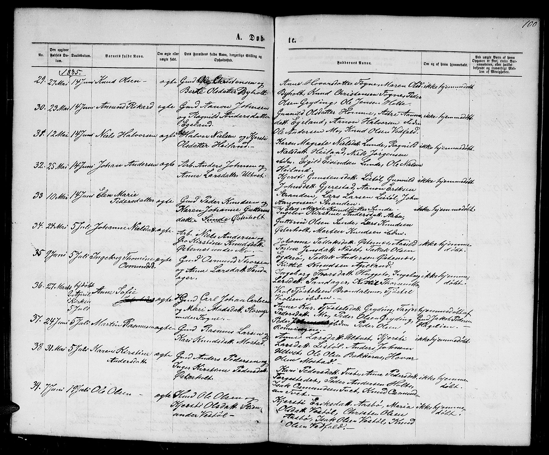 Gjerstad sokneprestkontor, SAK/1111-0014/F/Fb/Fba/L0006: Parish register (copy) no. B 6, 1868-1890, p. 100