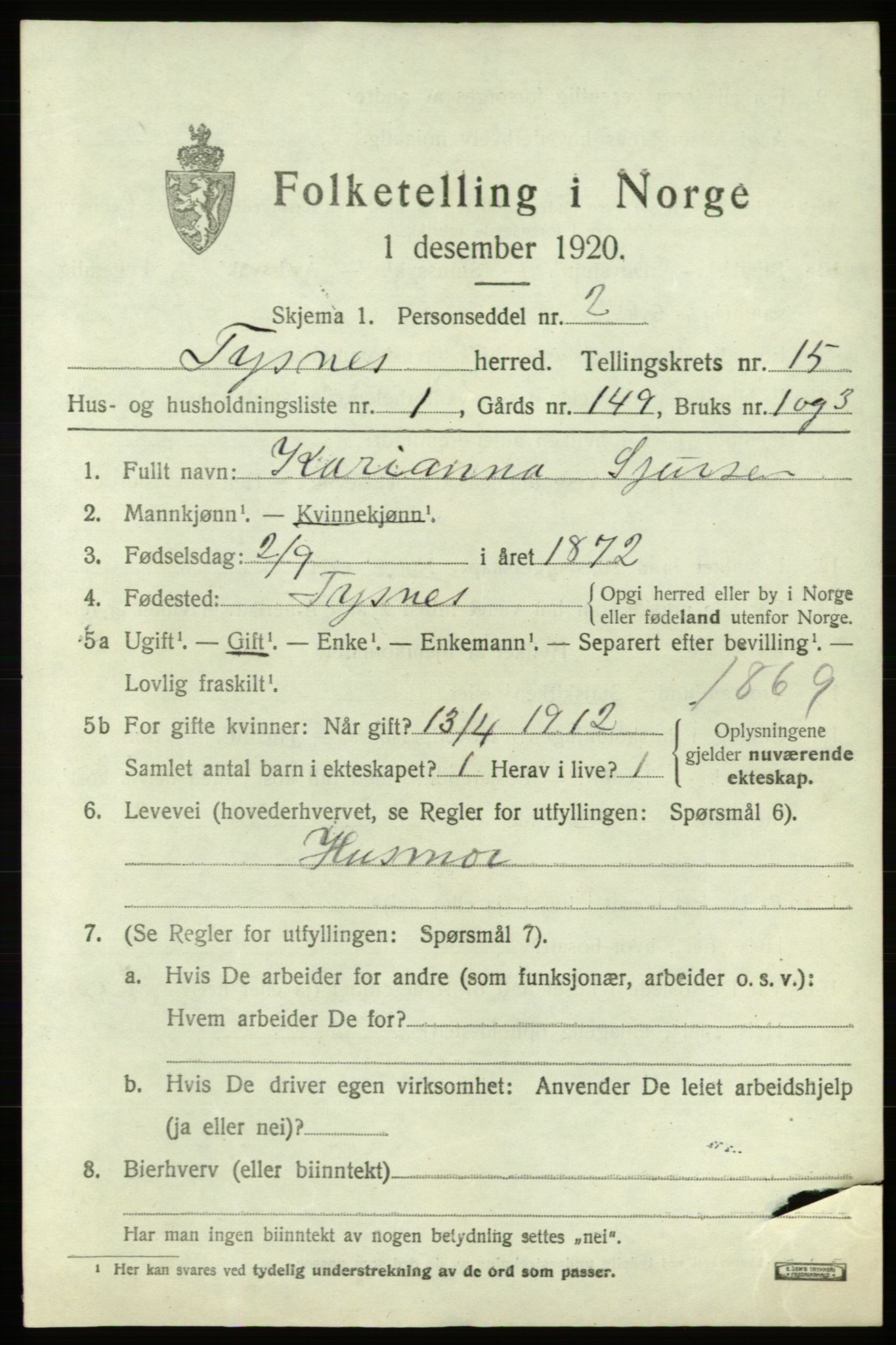 SAB, 1920 census for Tysnes, 1920, p. 9940