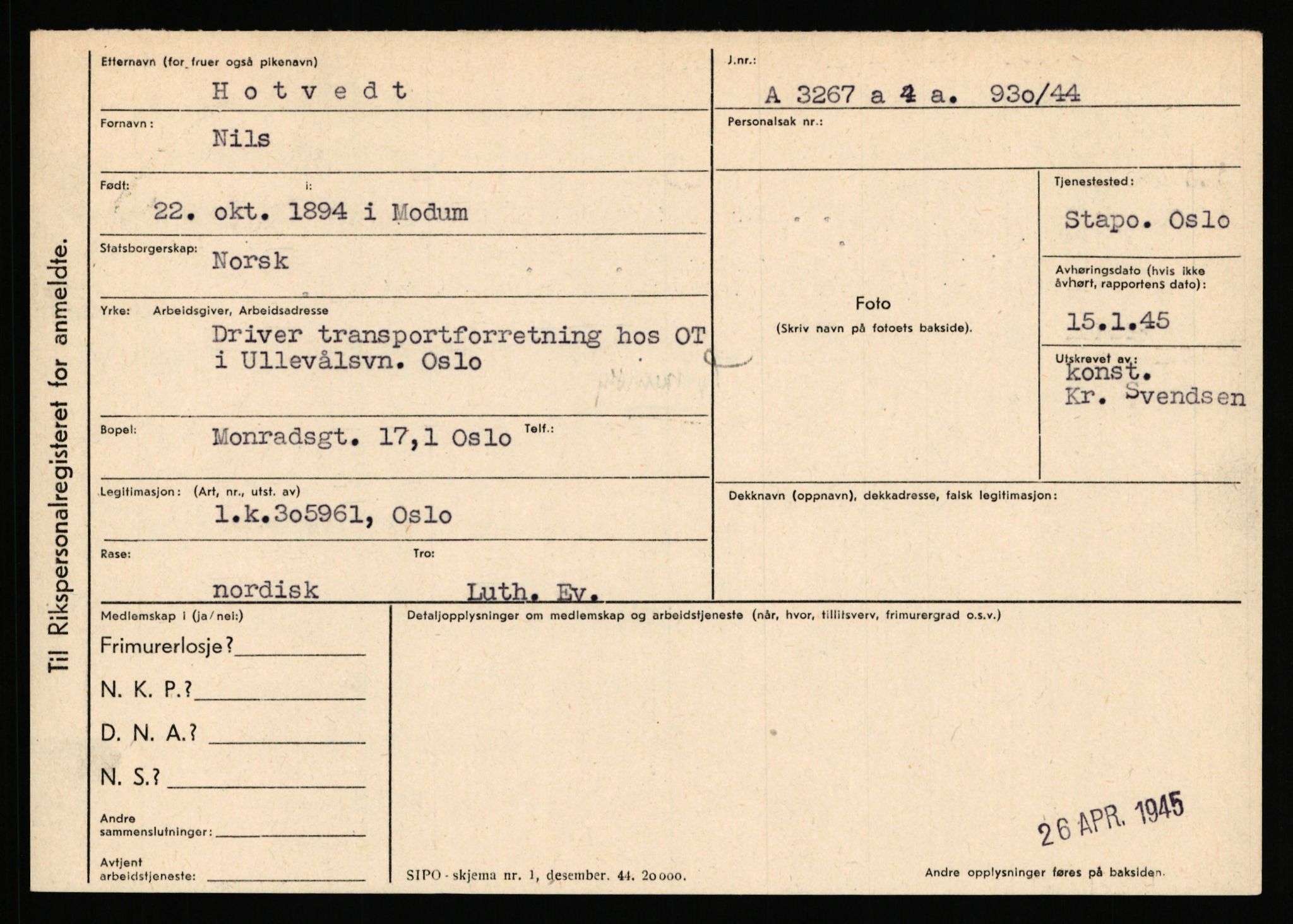 Statspolitiet - Hovedkontoret / Osloavdelingen, AV/RA-S-1329/C/Ca/L0007: Hol - Joelsen, 1943-1945, p. 1066