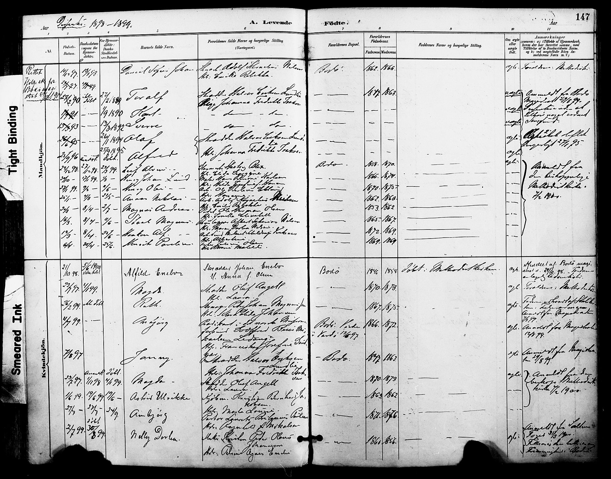 Ministerialprotokoller, klokkerbøker og fødselsregistre - Nordland, SAT/A-1459/801/L0010: Parish register (official) no. 801A10, 1888-1899, p. 147