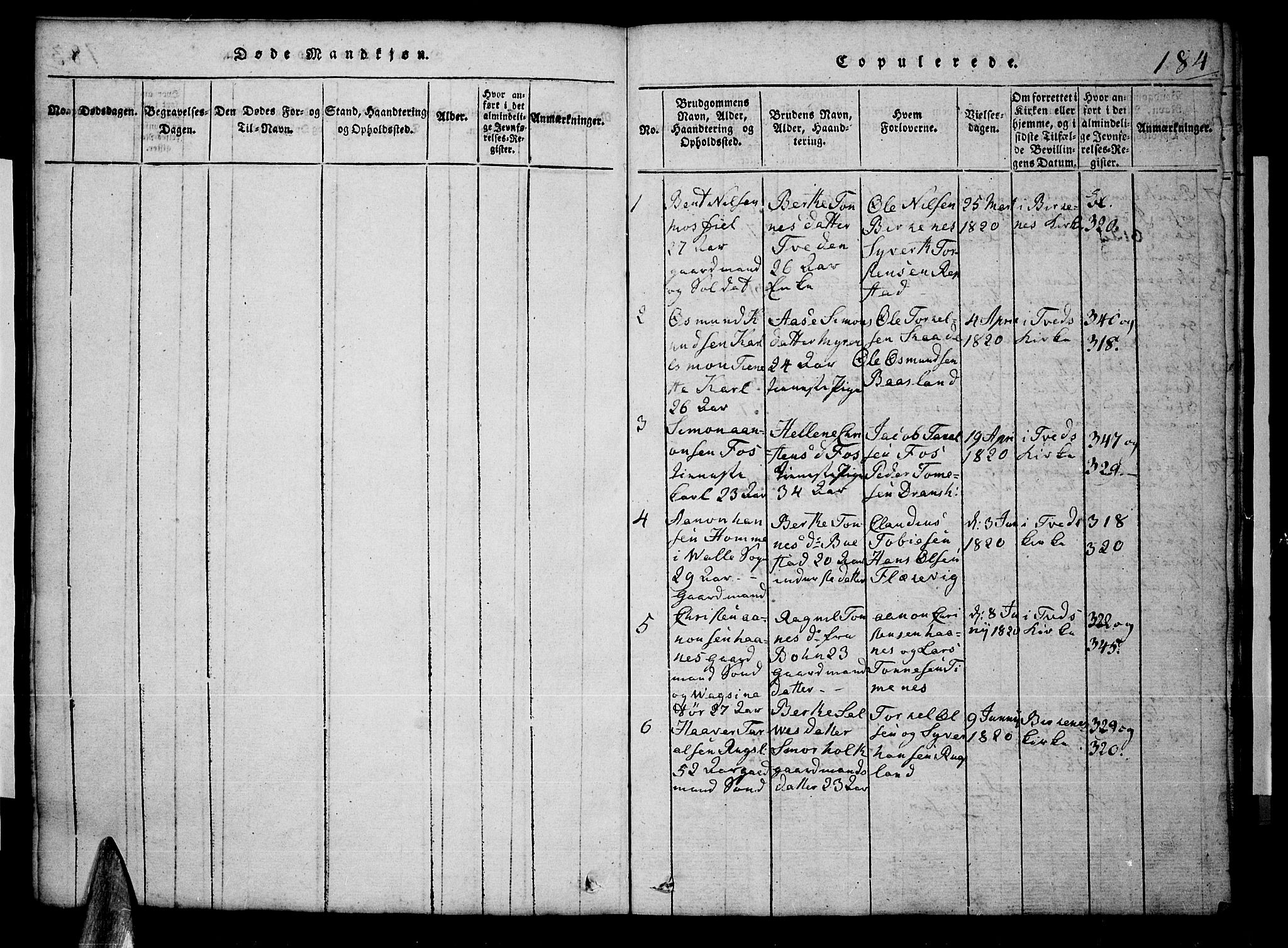 Tveit sokneprestkontor, SAK/1111-0043/F/Fb/L0001: Parish register (copy) no. B 1, 1820-1834, p. 184