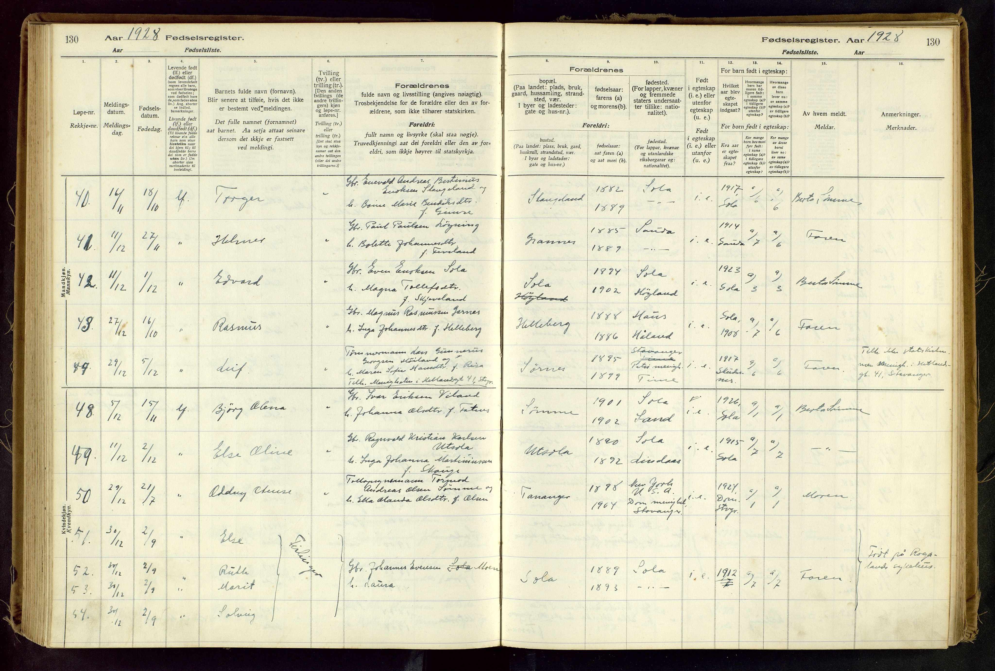 Håland sokneprestkontor, AV/SAST-A-101802/001/704BA/L0001: Birth register no. 1, 1916-1936, p. 130