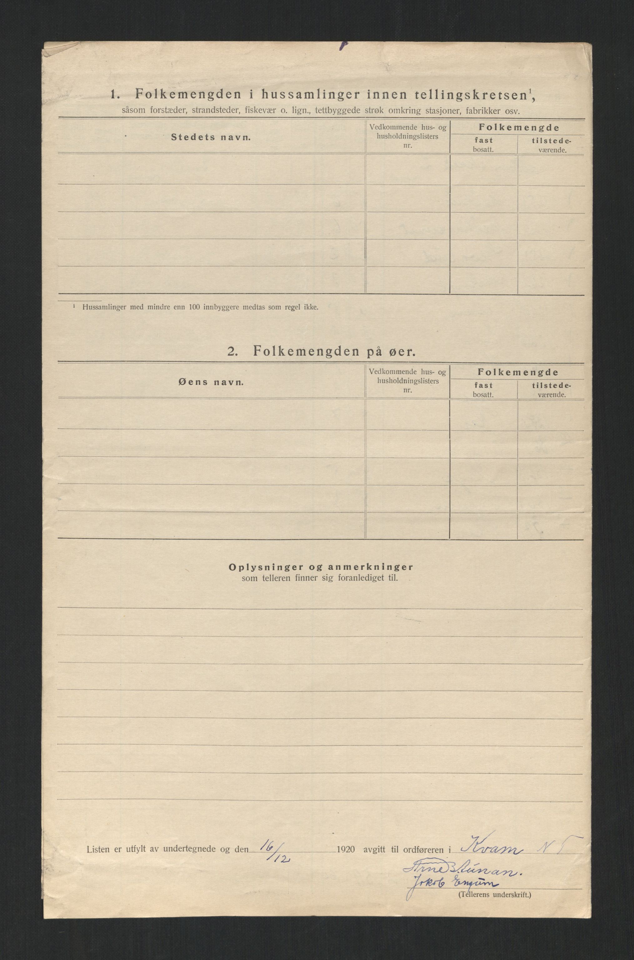 SAT, 1920 census for Kvam, 1920, p. 15
