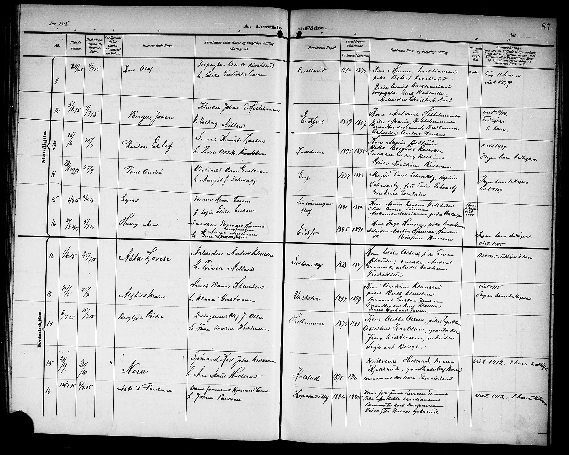 Hof kirkebøker, AV/SAKO-A-64/G/Ga/L0005: Parish register (copy) no. I 5, 1899-1922, p. 87