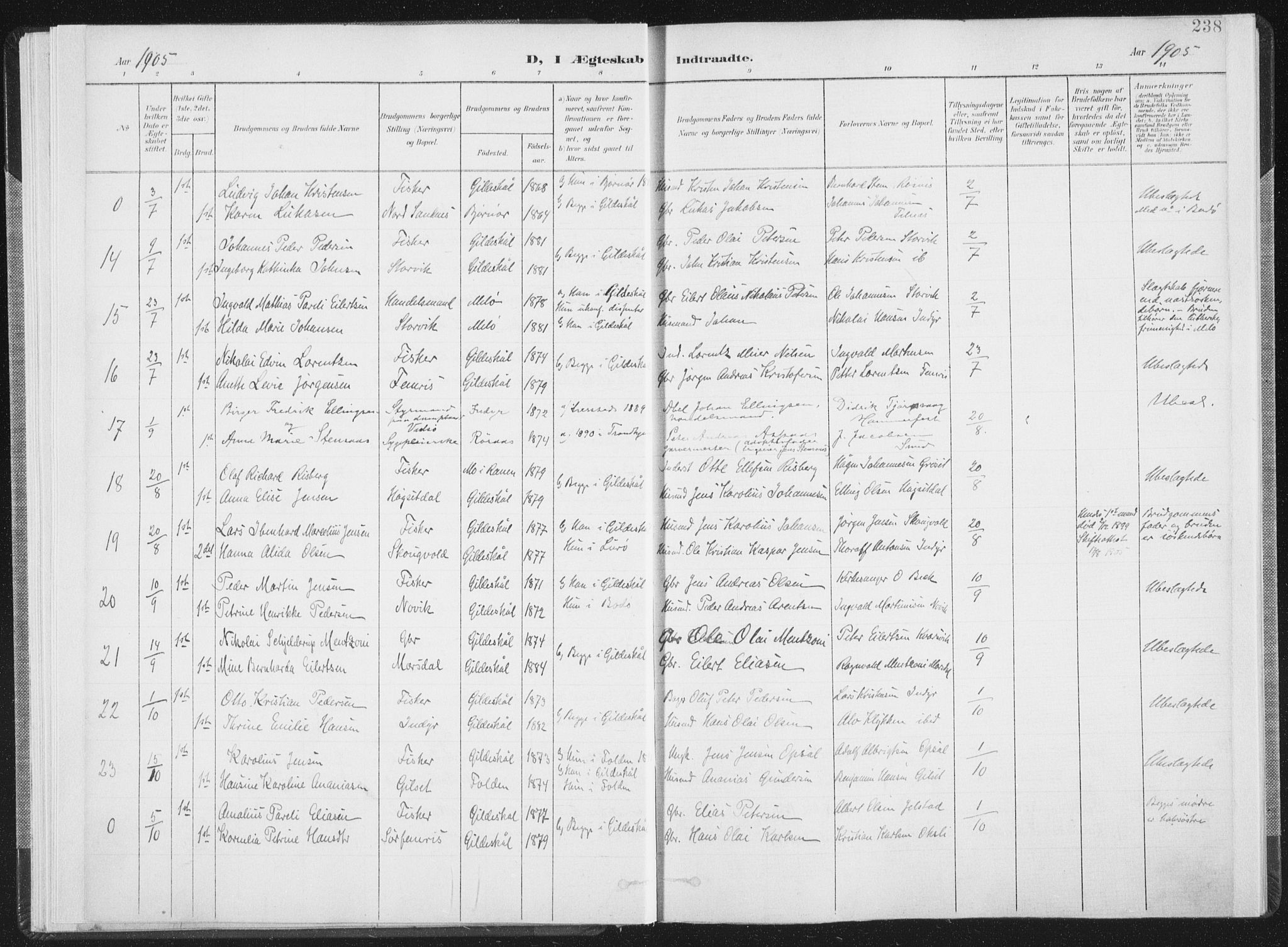 Ministerialprotokoller, klokkerbøker og fødselsregistre - Nordland, SAT/A-1459/805/L0103: Parish register (official) no. 805A08II, 1900-1909, p. 238