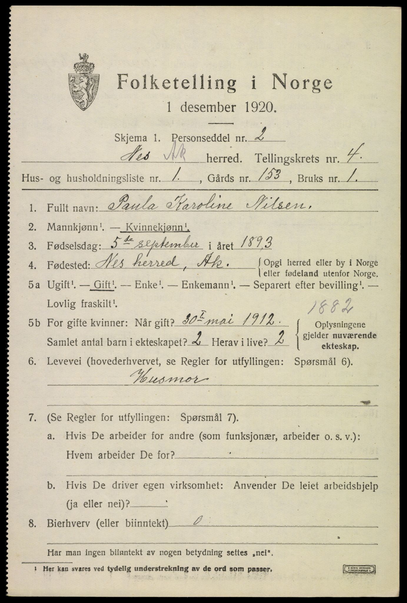 SAO, 1920 census for Nes, 1920, p. 6292