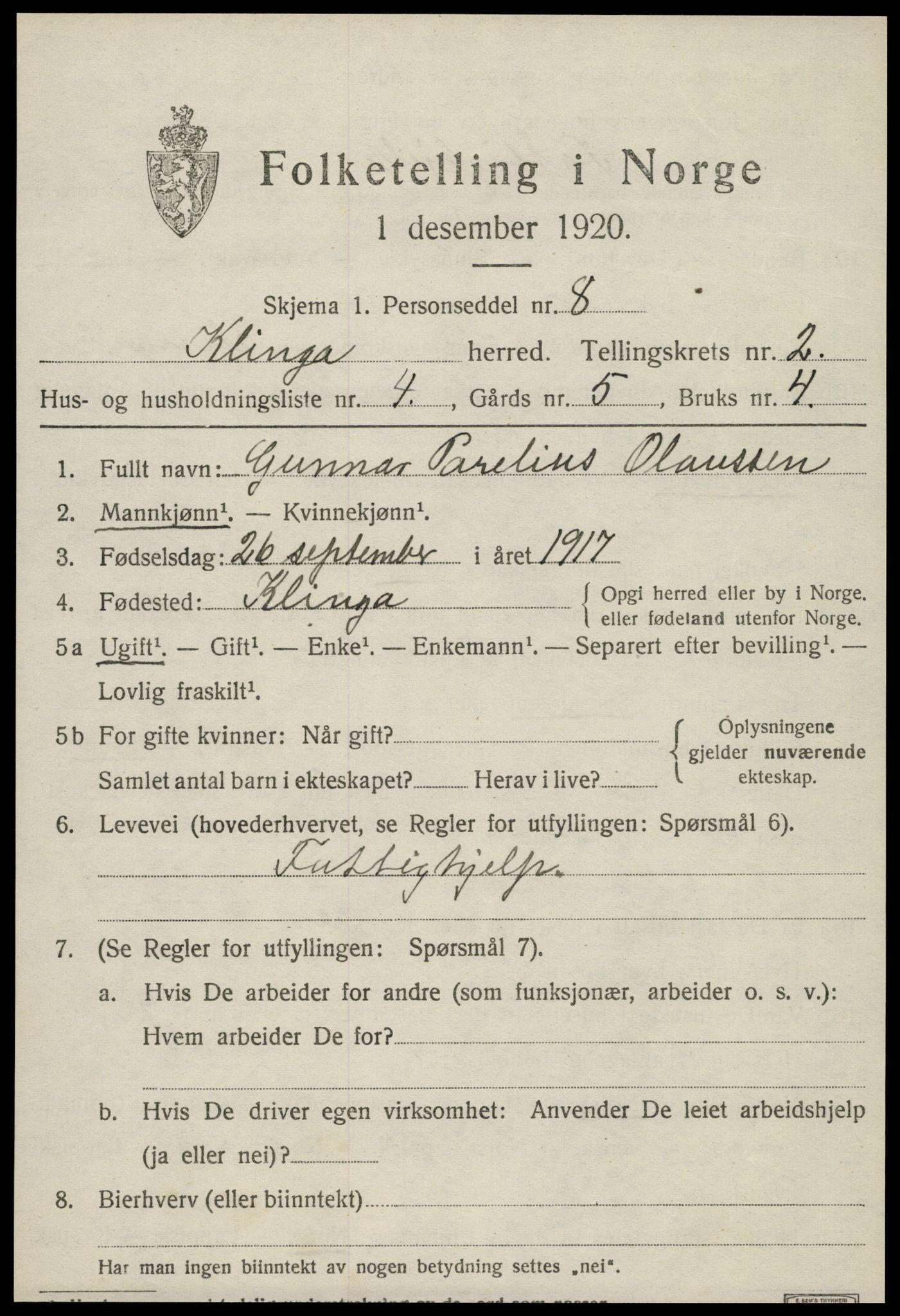 SAT, 1920 census for Klinga, 1920, p. 1433