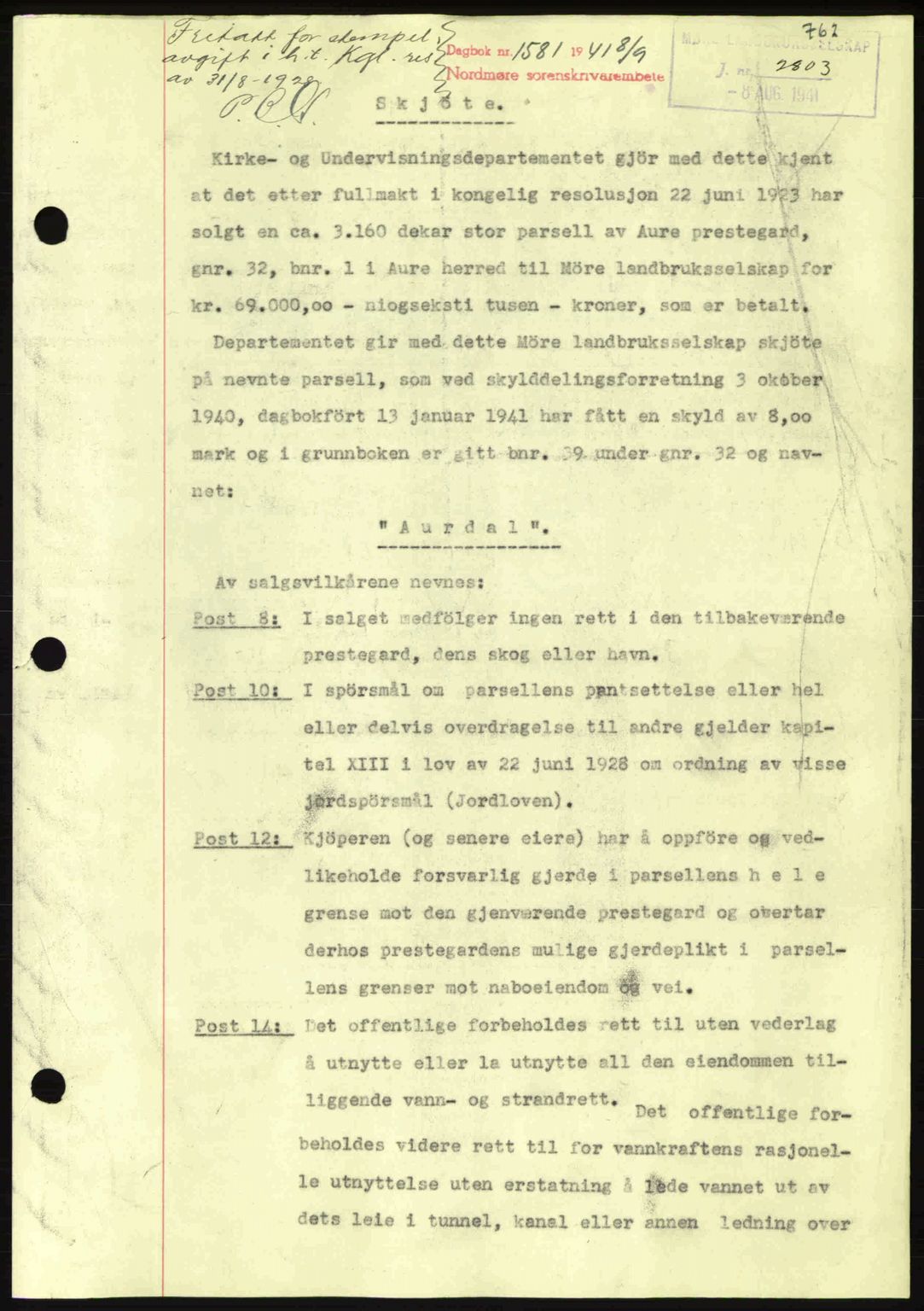 Nordmøre sorenskriveri, SAT/A-4132/1/2/2Ca: Mortgage book no. A90, 1941-1941, Diary no: : 1581/1941